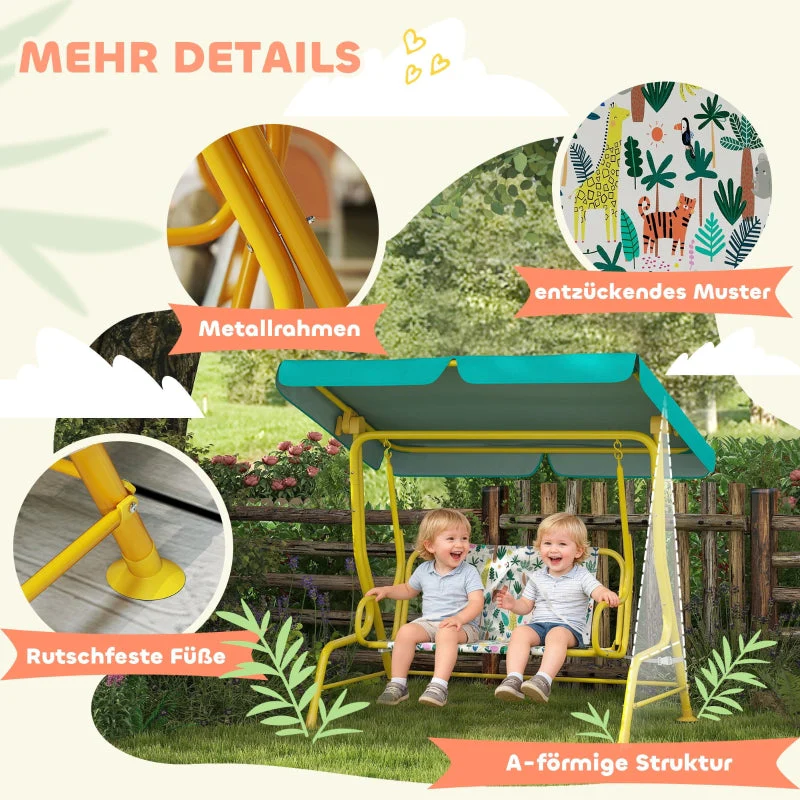 Children's Hollywood Swing with 2 Seats, Adjustable Canopy and Safety Belt, Green - Image 6