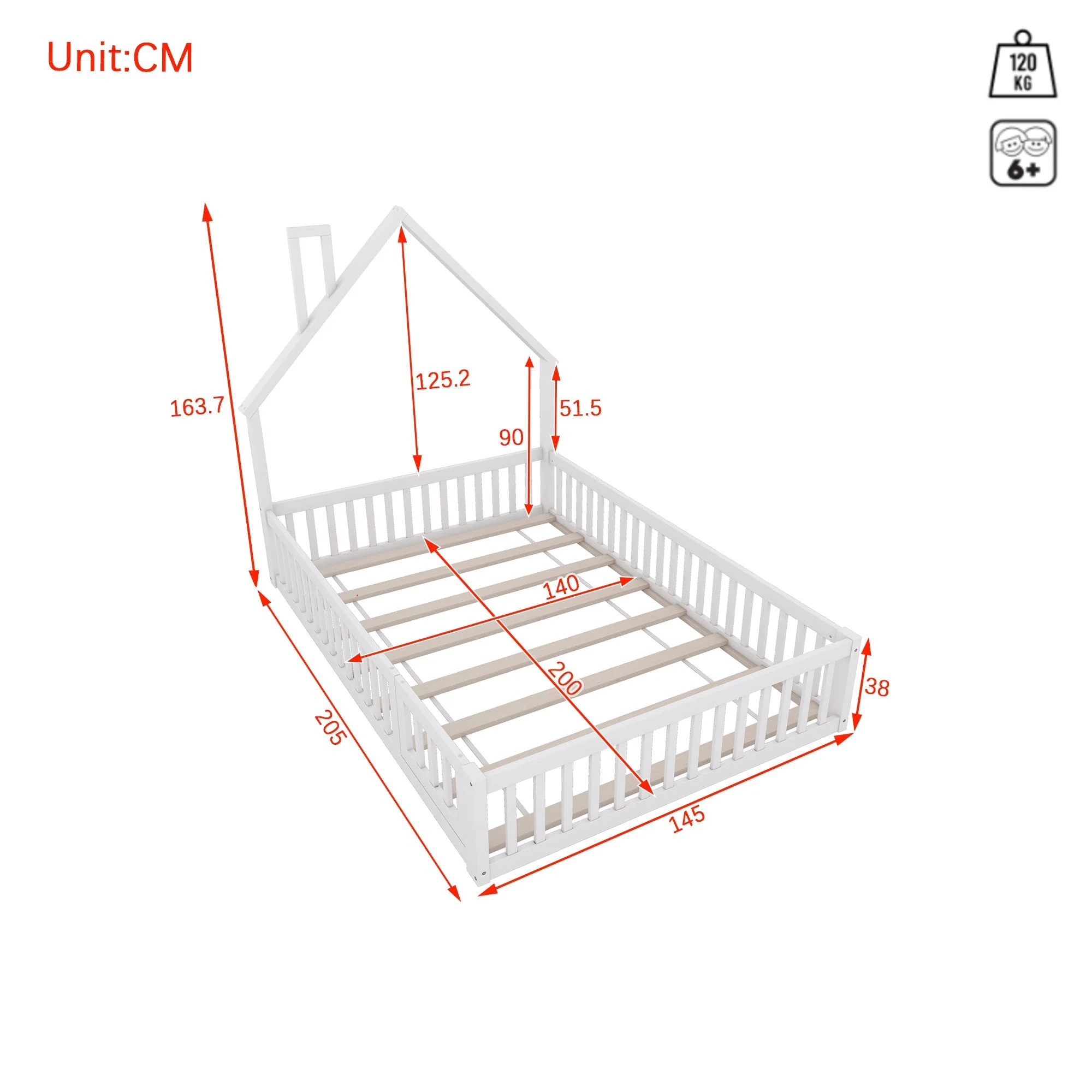Children's House Bed 140x200cm Chimney Shape Slatted Base Pine Wood White - Image 6