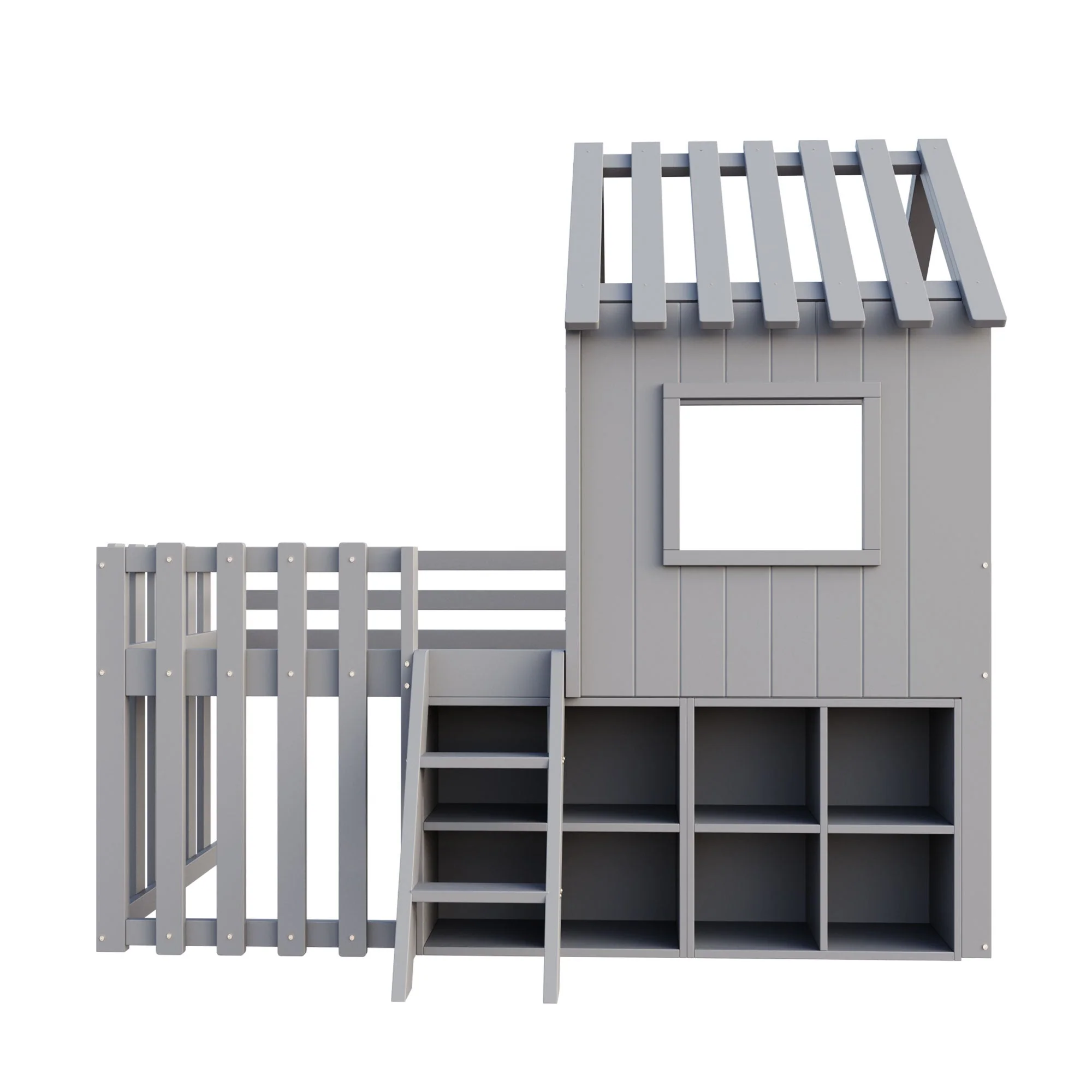 Children's House Bed 90x200, Roof & Window, Open Storage, Climbing Ladder, Solid Wood, Gray - Image 7