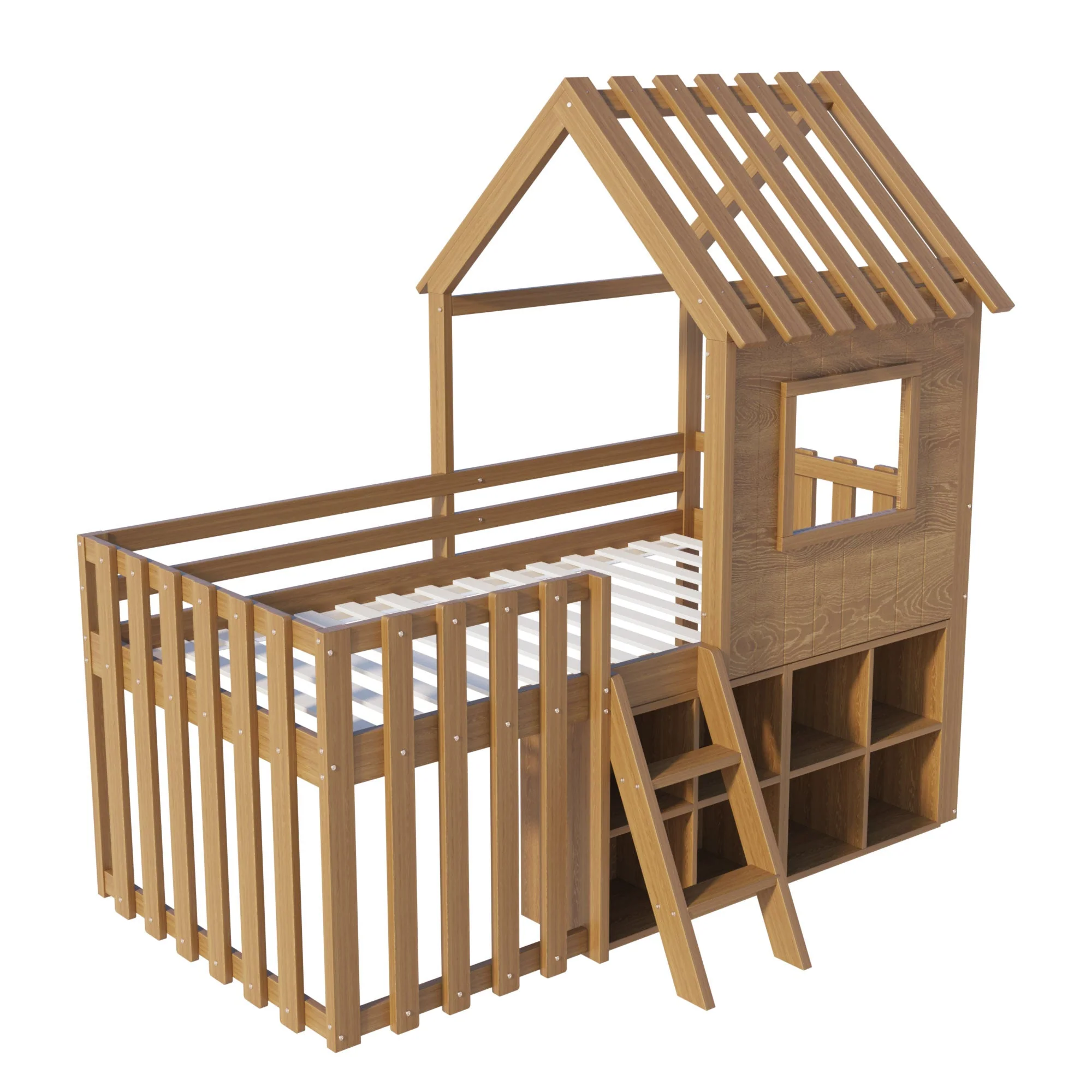 Children's House Bed 90x200 with Roof, Window, Storage & Ladder, Solid Wood - Image 10