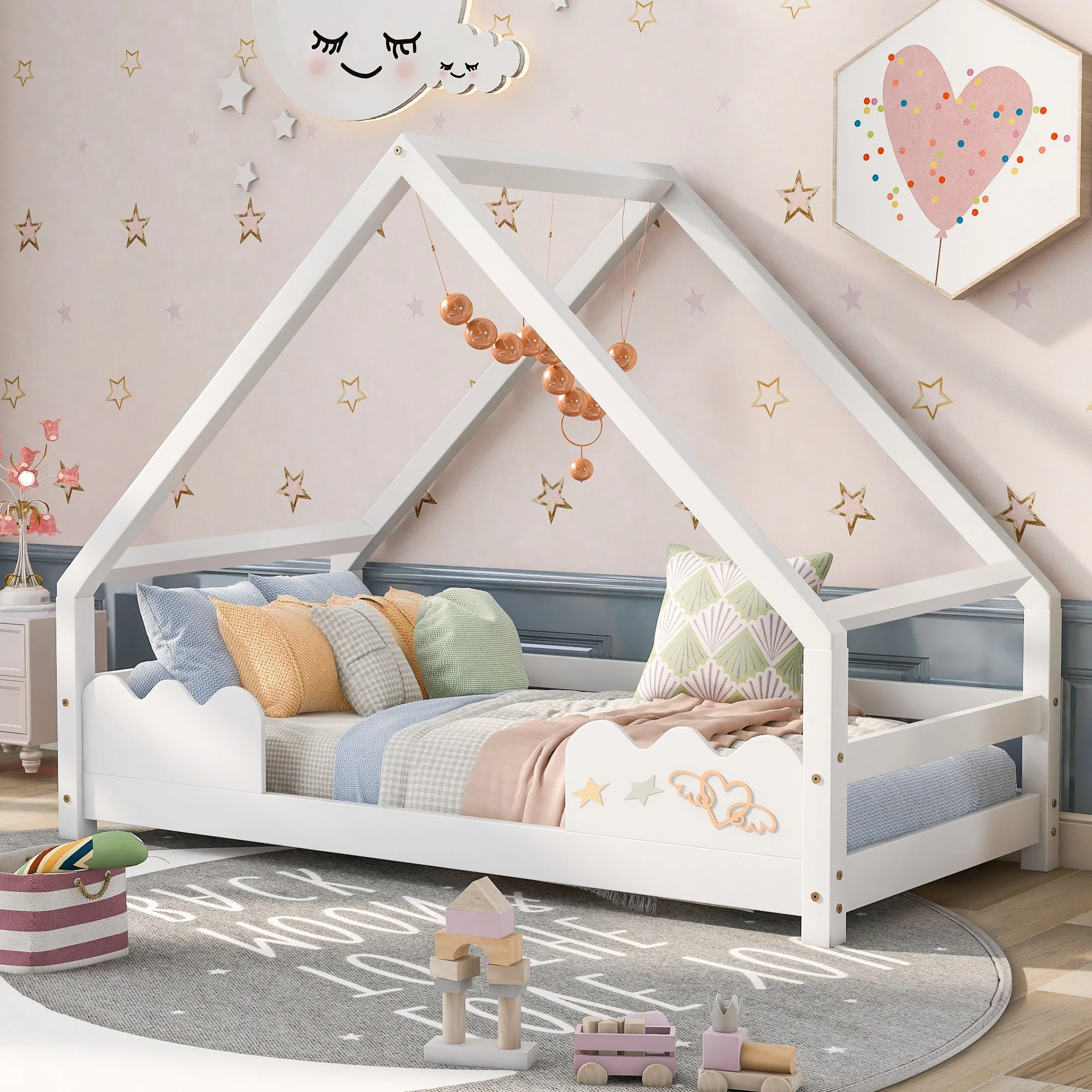 Children's House Bed 90x200cm with Fall Protection, Solid Pine Wood, White - Image 2