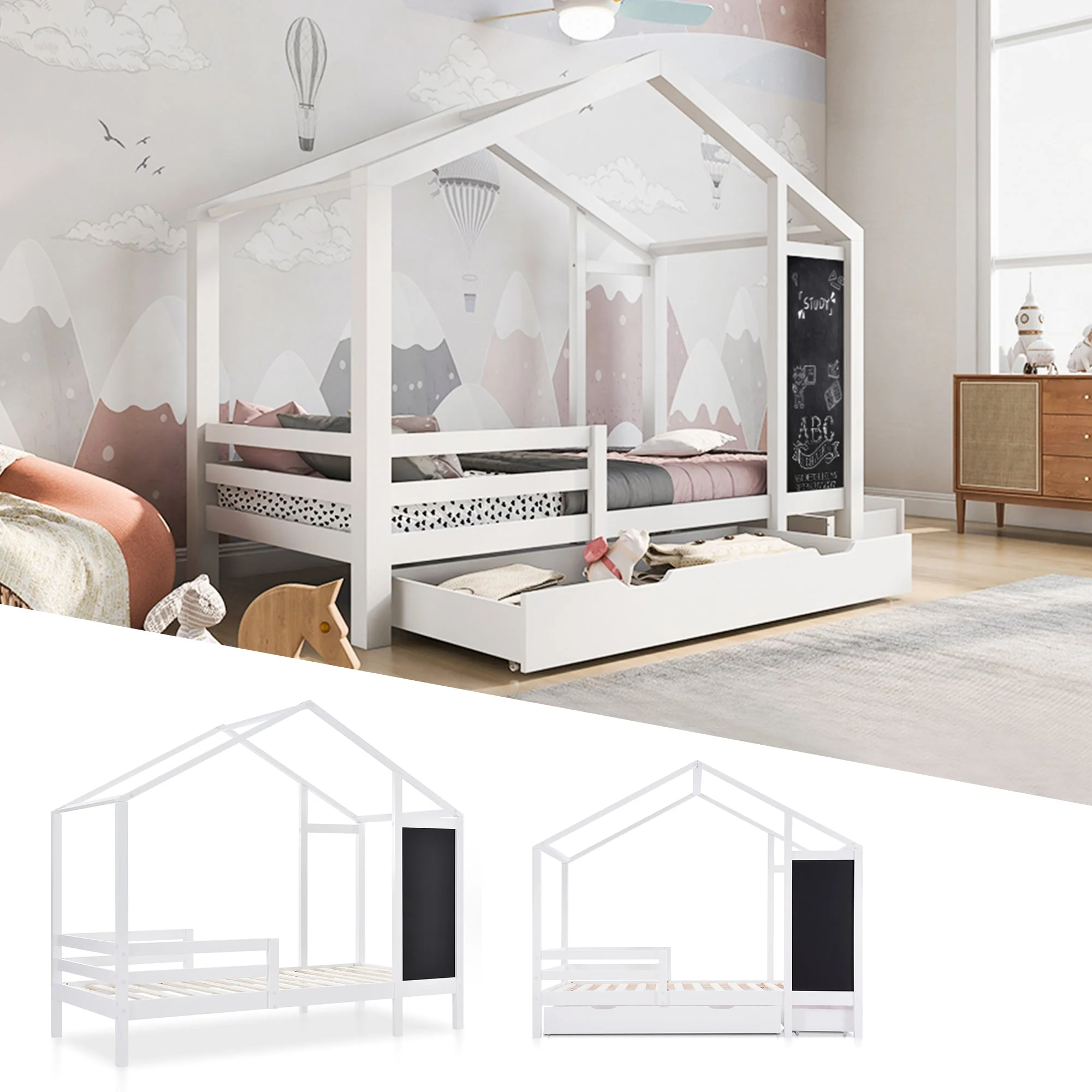 Children's House Bed 90x200cm, Wooden with Blackboard, 2 Drawers, Solid Wood White - Image 2