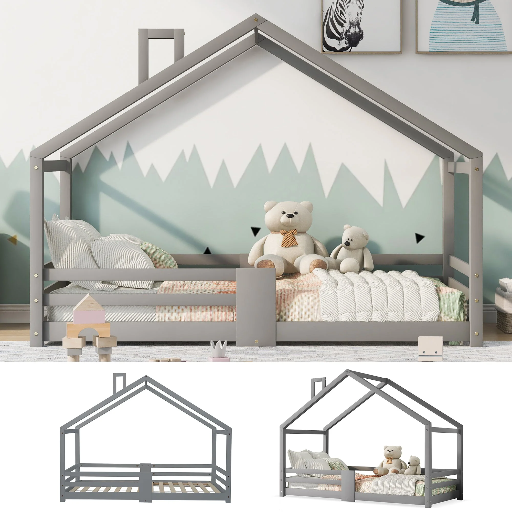 Children's House Bed with Chimney & Fall Protection, Pine Wood, Grey - Image 4