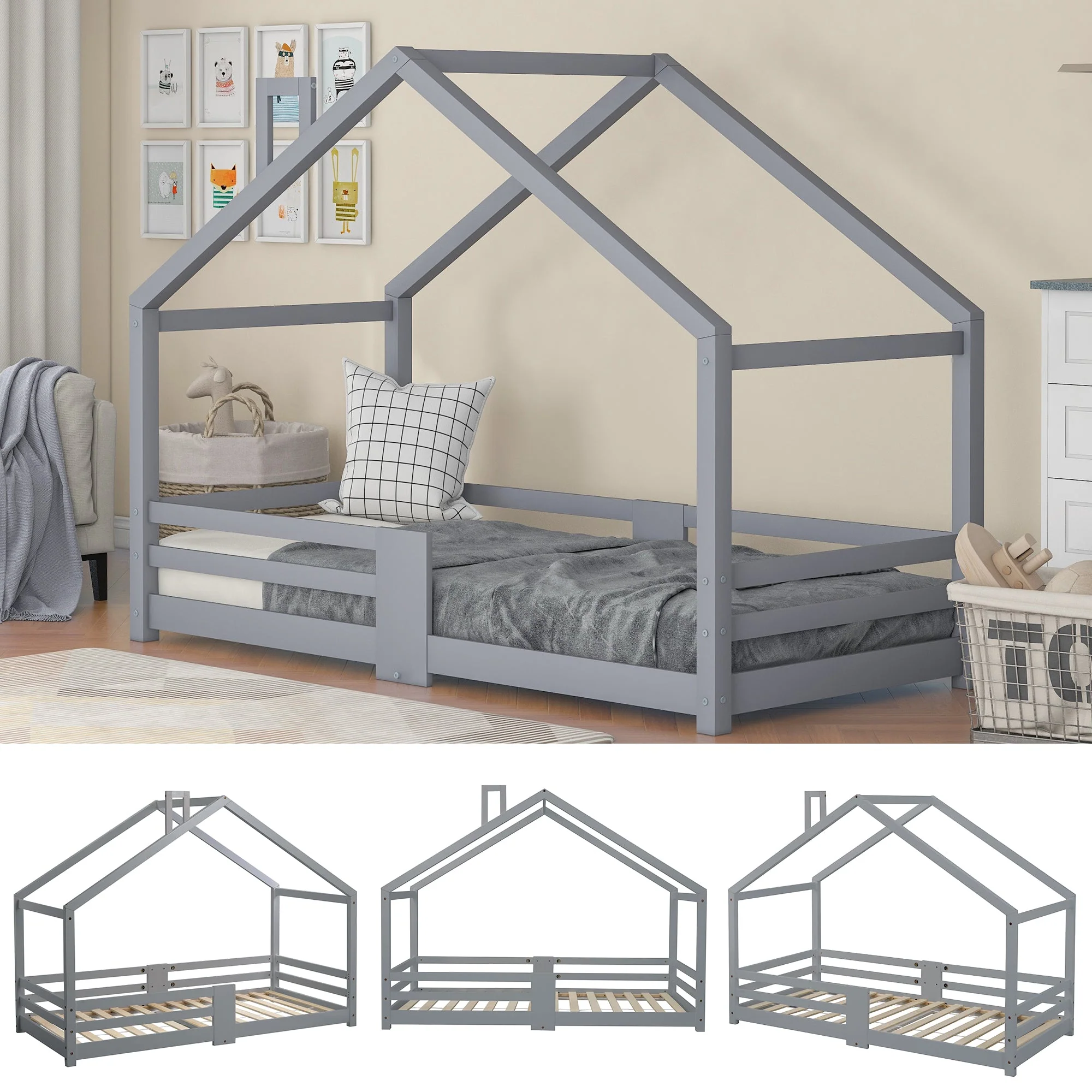 Children's House Bed with Chimney & Fall Protection, Pine Wood, Grey - Image 7