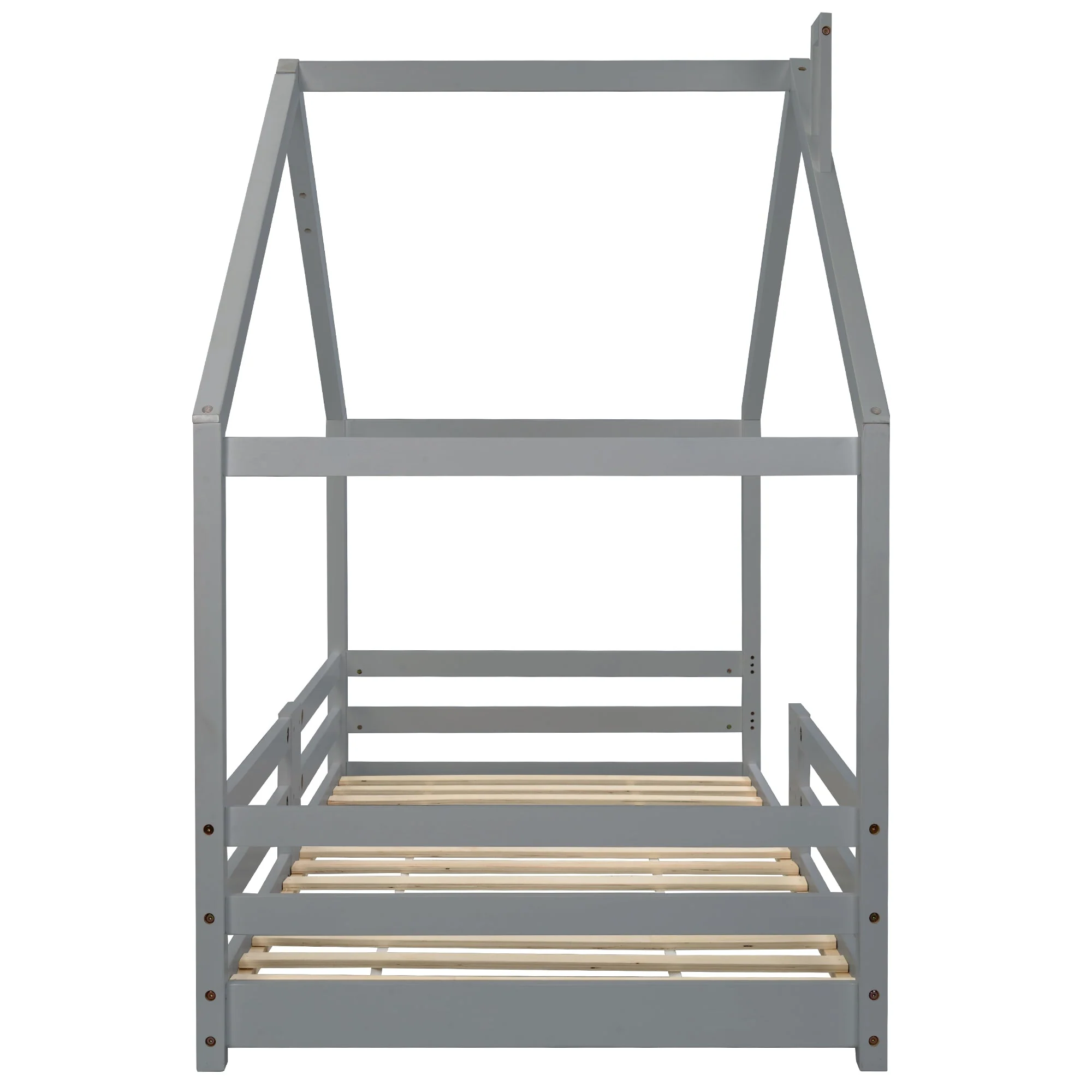 Children's House Bed with Chimney & Fall Protection, Pine Wood, Grey - Image 9