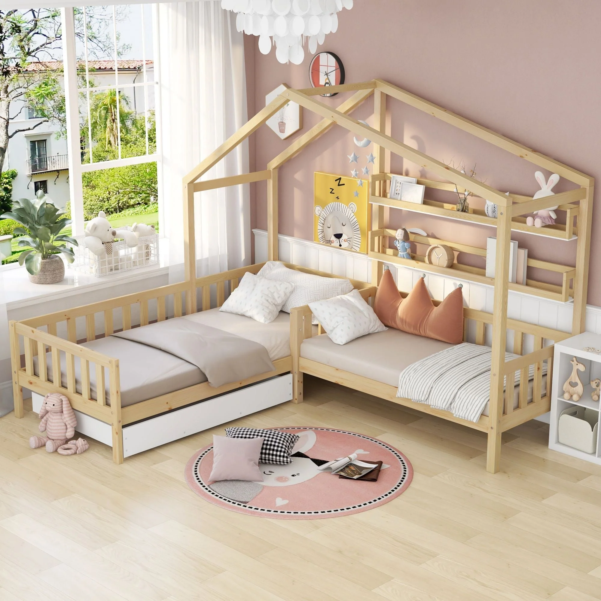 Children's House Bed with Drawers & Shelves, L-Shaped, Solid Wood - Image 5