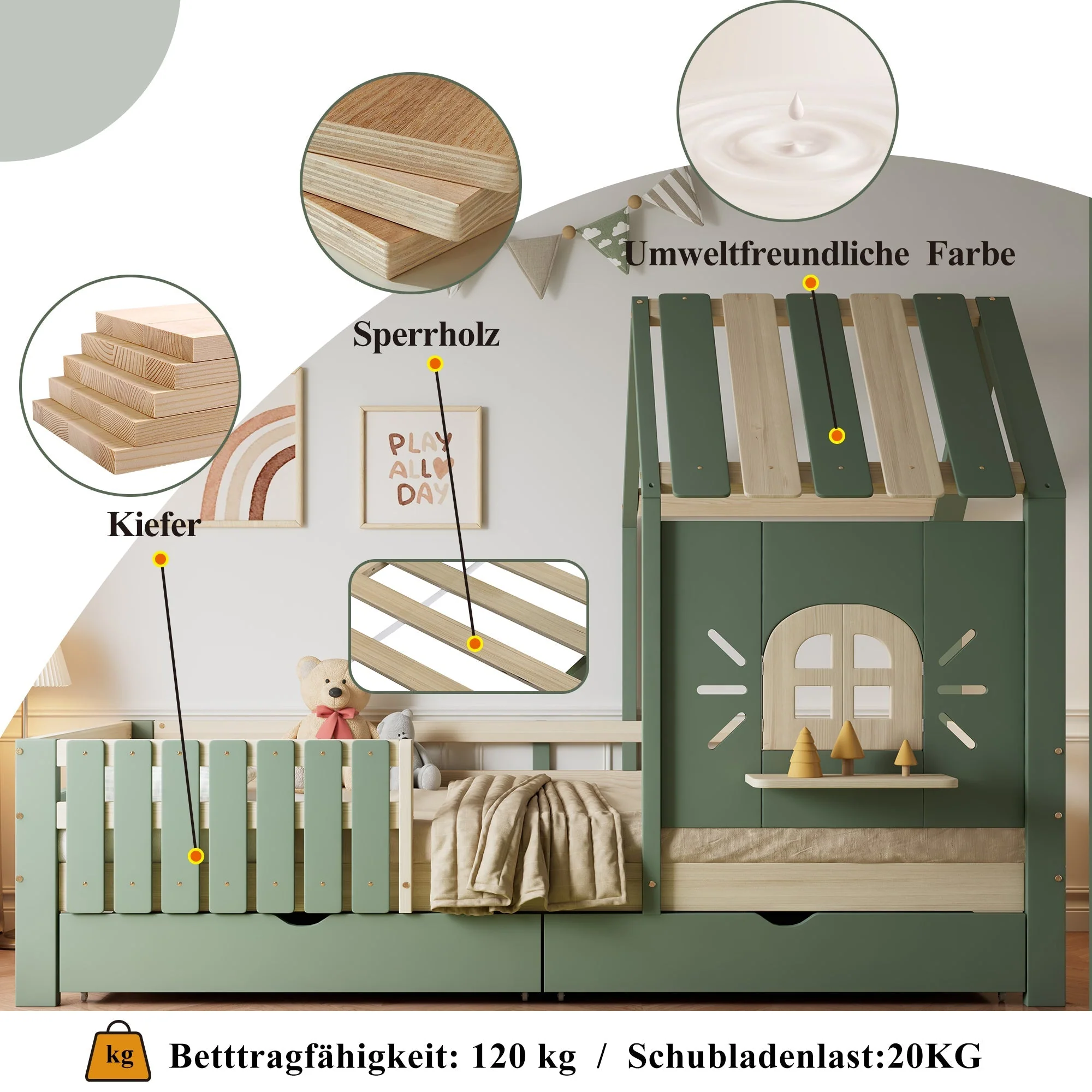 Children's House Bed with Roof, Window, Fence, 2 Drawers, 90x200cm - Pine/MDF Green/Natural - Image 5