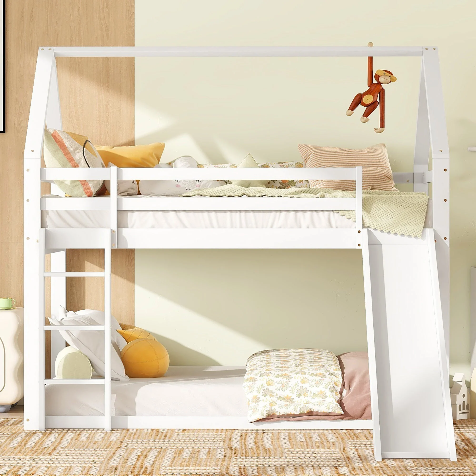 Children's House Bunk Bed 90x200cm with Slide and Ladder - White - Image 2