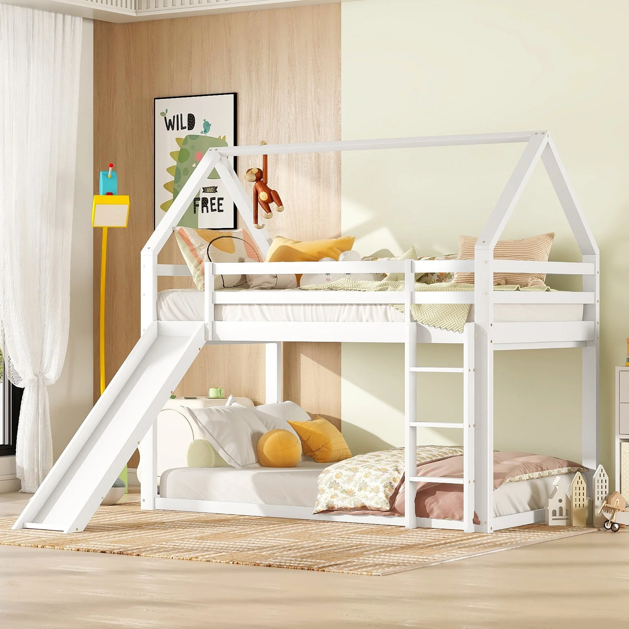 Children's House Bunk Bed 90x200cm with Slide and Ladder - White - Image 3