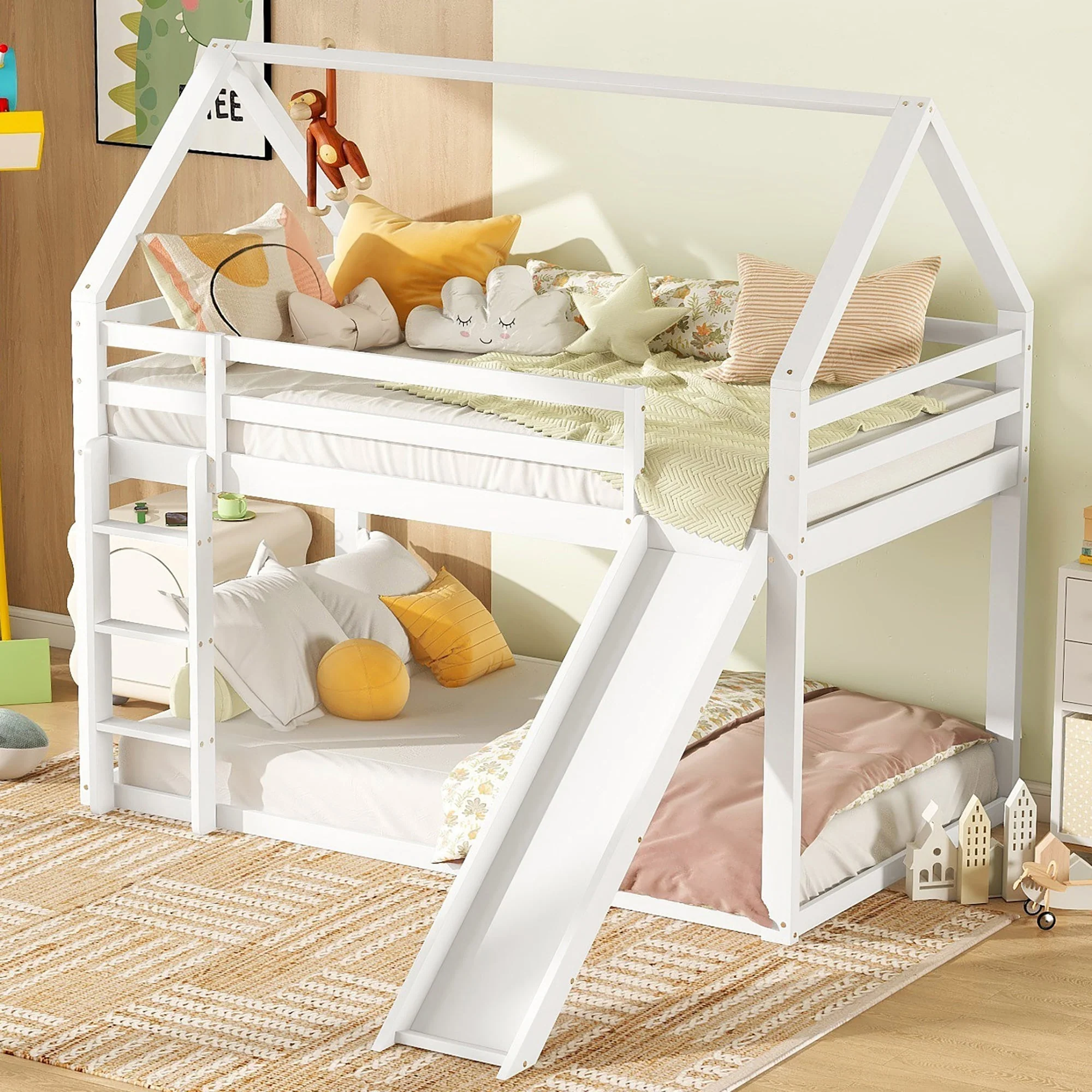 Children's House Bunk Bed 90x200cm with Slide and Ladder - White - Image 4