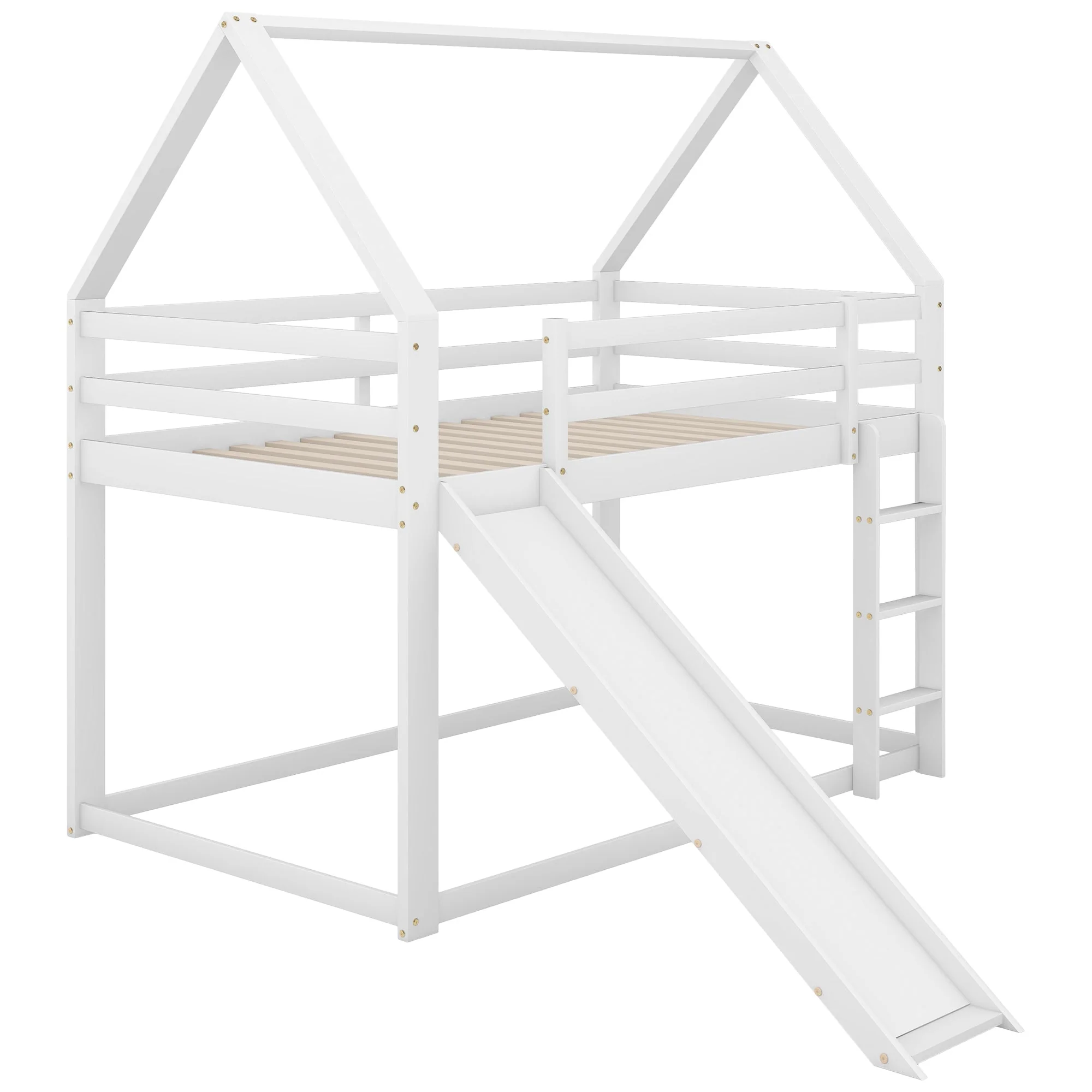 Children's House Bunk Bed 90x200cm with Slide and Ladder - White - Image 8