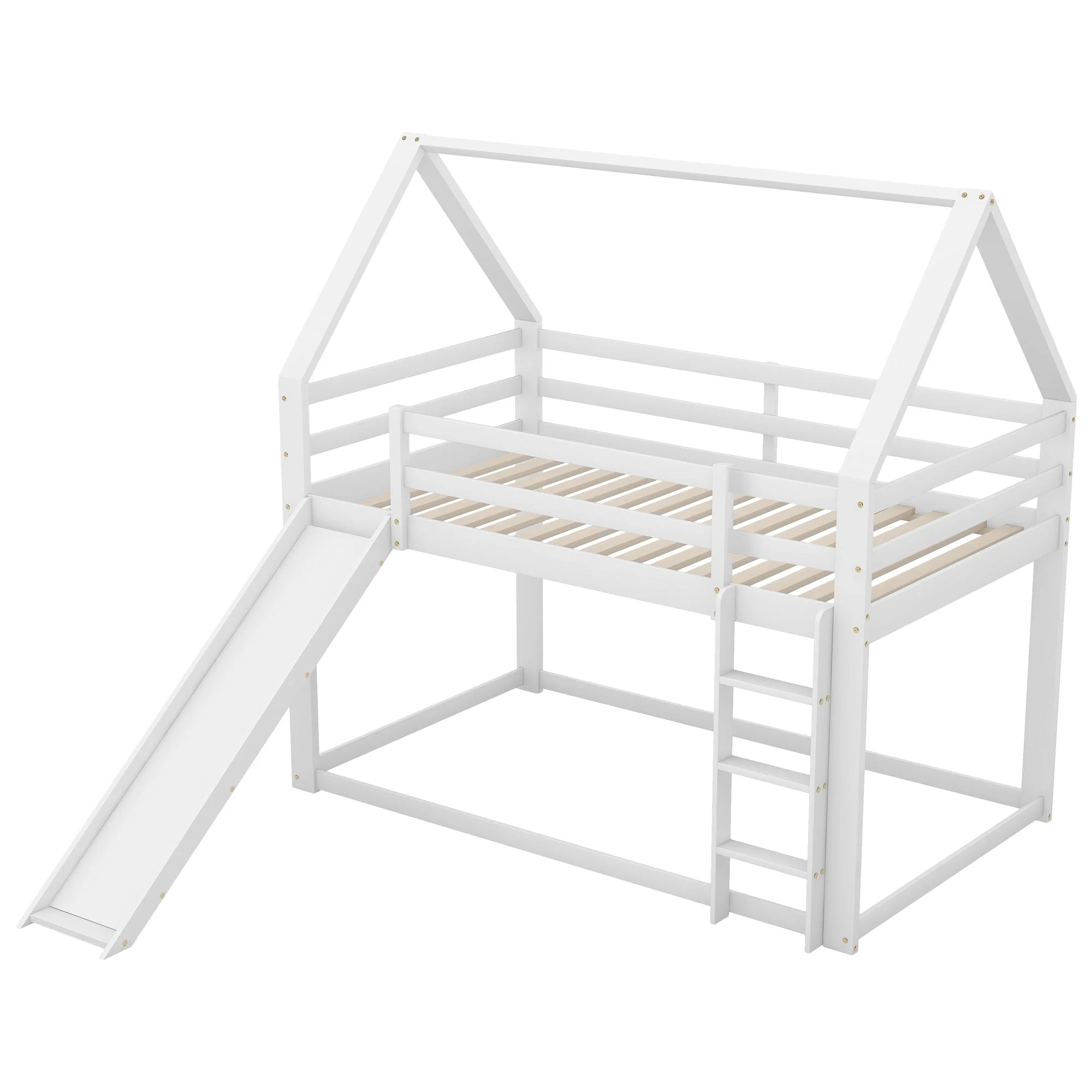 Children's House Bunk Bed 90x200cm with Slide and Ladder - White - Image 9
