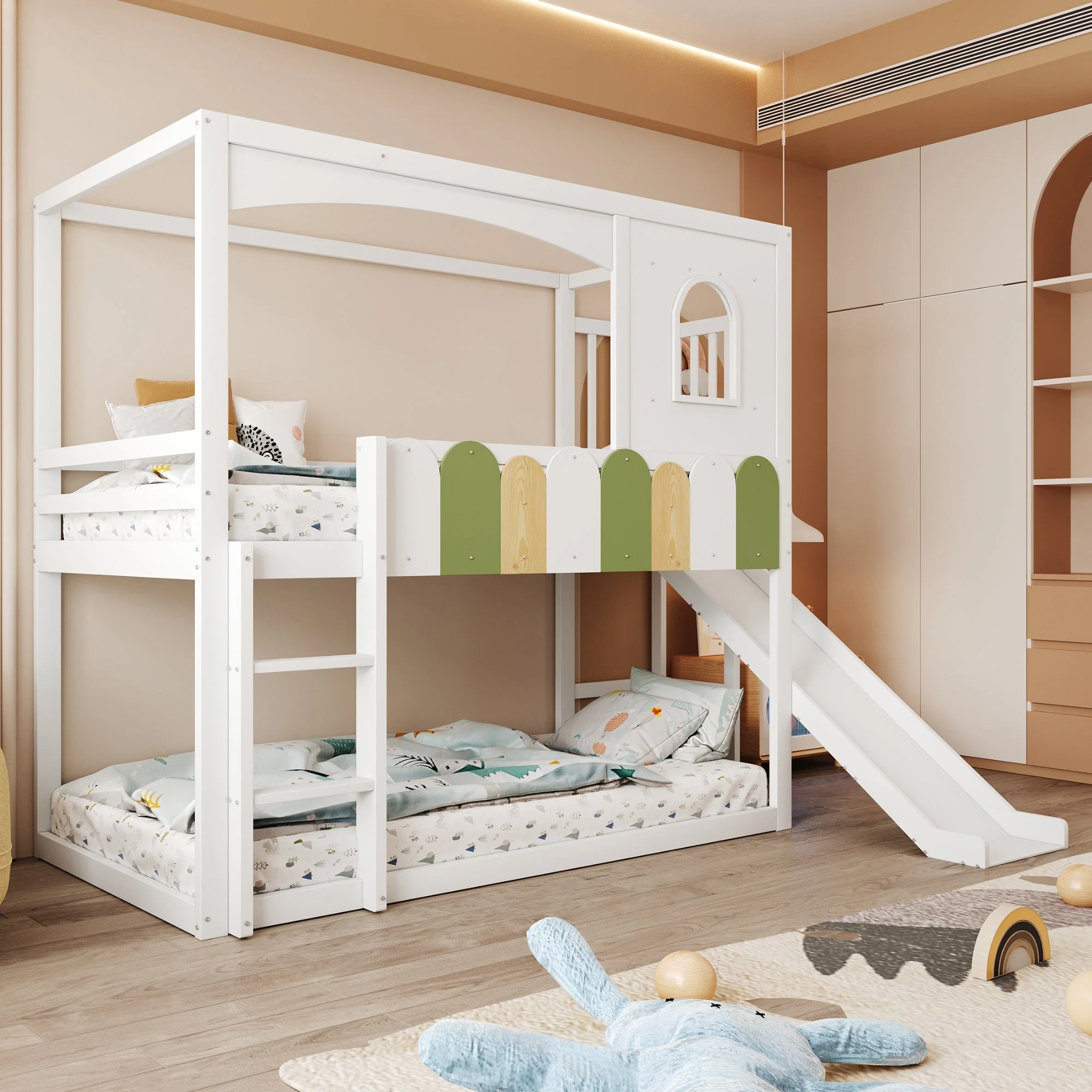 Children's House Loft Bed 90x200cm with Slide Safety Ladder White - Image 2