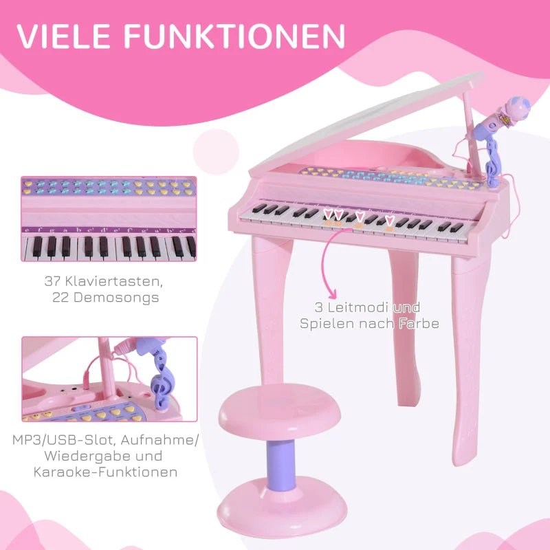 Children's Keyboard with 37 Keys, Microphone, LED Learning Mode, Recording Function, Pink - Image 5