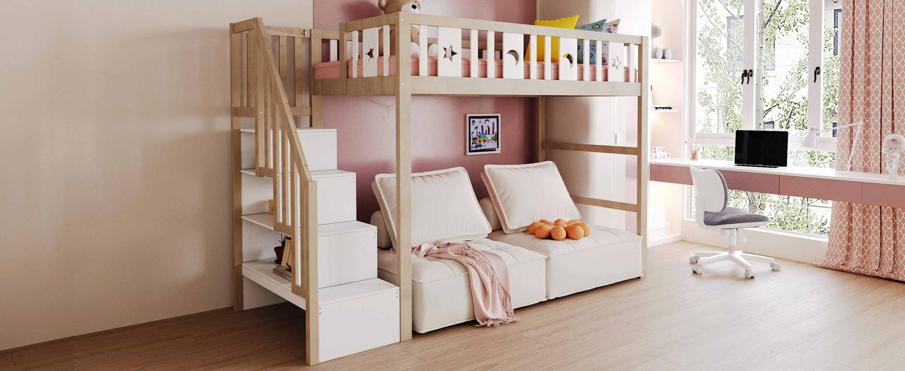 Children's Loft Bed 90*200, Storage Climbing Ladder & Safety Rails, Solid Wood - Image 6