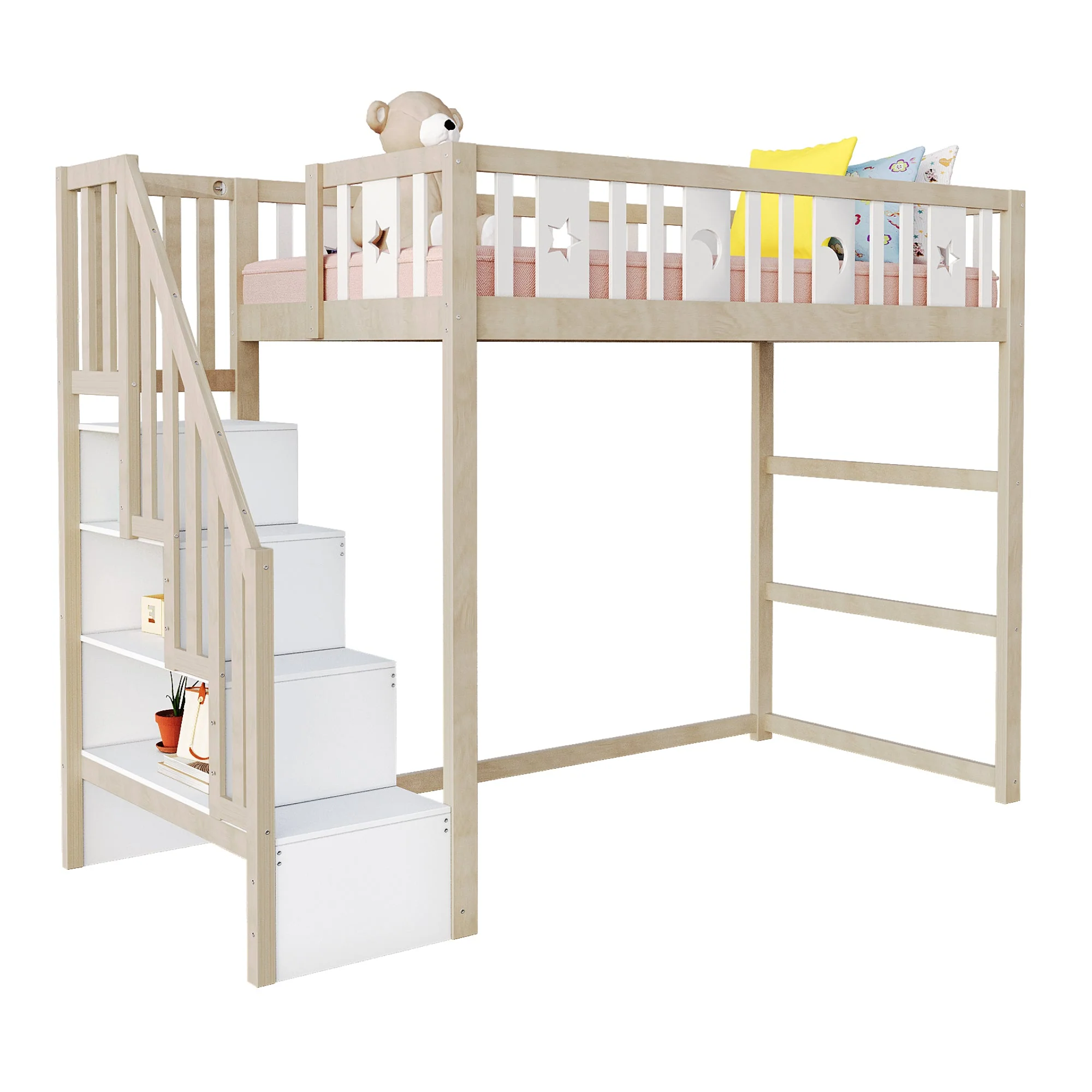 Children's Loft Bed 90*200, Storage Climbing Ladder & Safety Rails, Solid Wood - Image 7