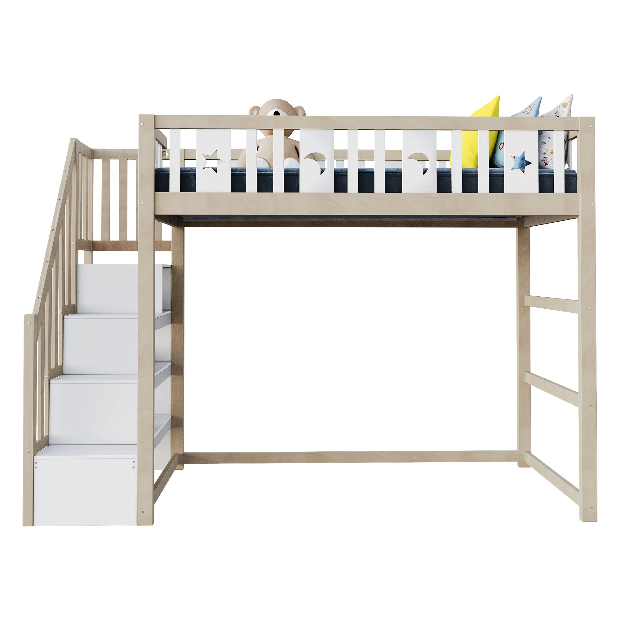Children's Loft Bed 90*200, Storage Climbing Ladder & Safety Rails, Solid Wood - Image 8