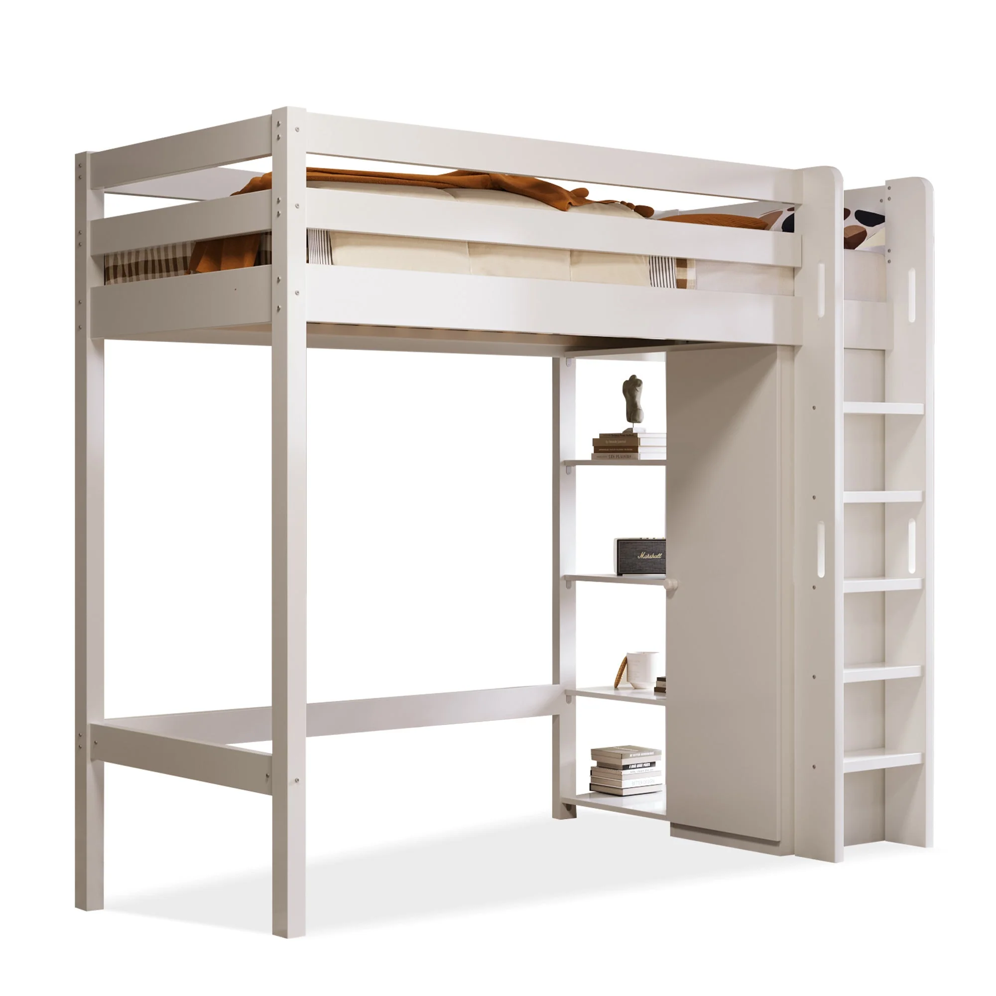 Children's Loft Bed, 90x200 cm Single with Wardrobe & 6 Shelves, White - Image 7