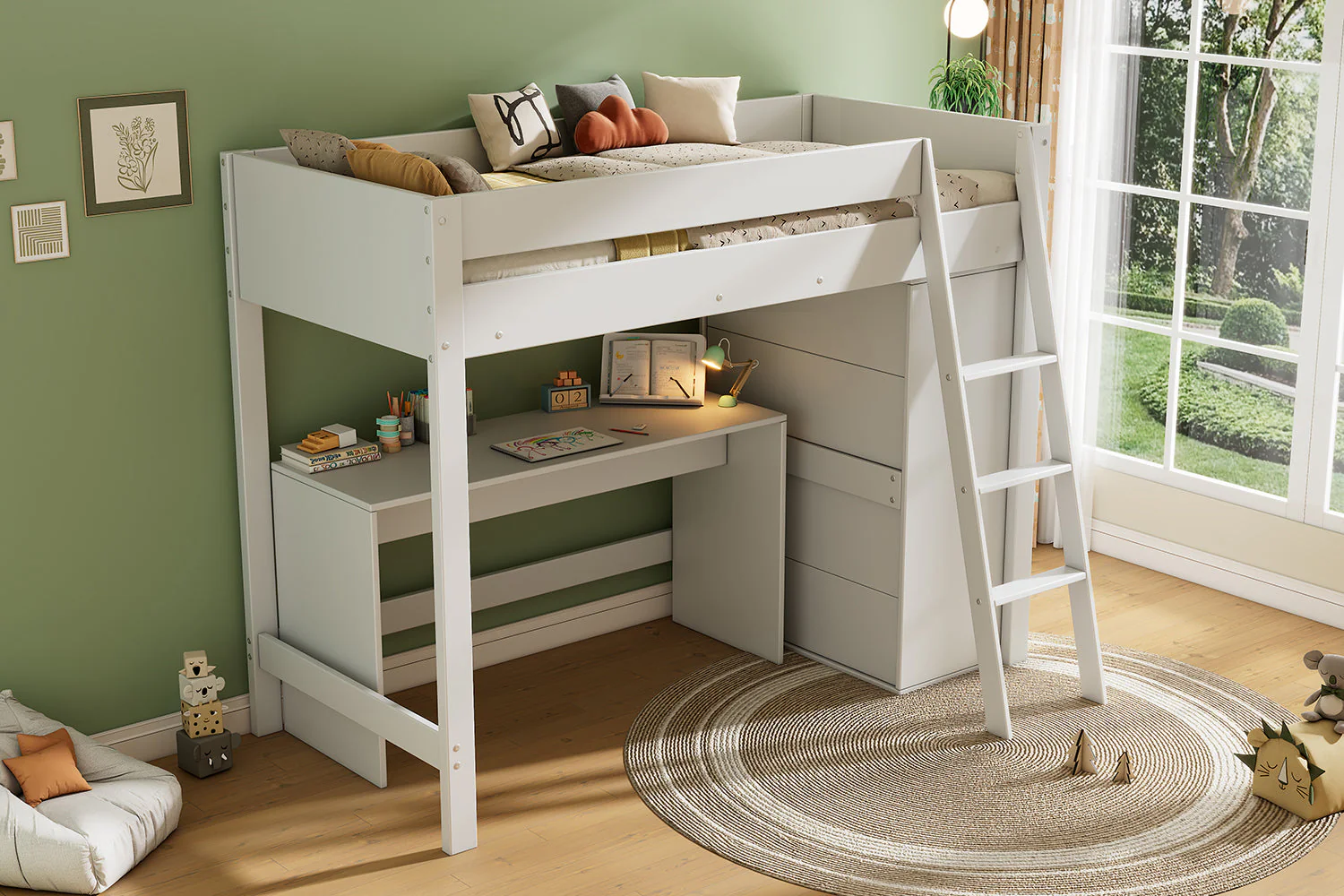Children's Loft Bed 90x200cm Multifunctional Desk Wardrobe Solid Wood - White - Image 9