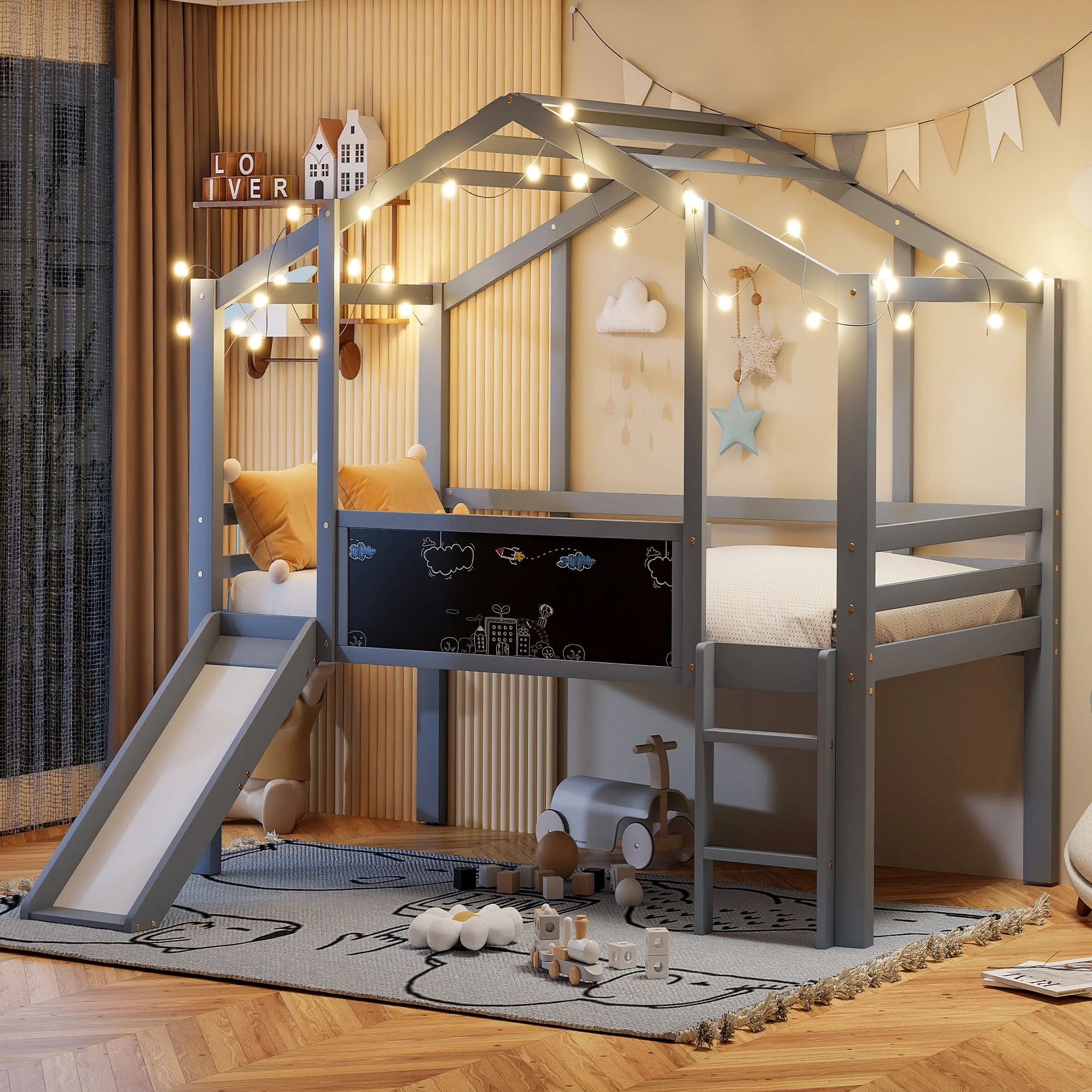 Children's Loft Bed 90x200cm, Slide, Ladder & Graffiti Board, Solid Wood Grey - Image 2