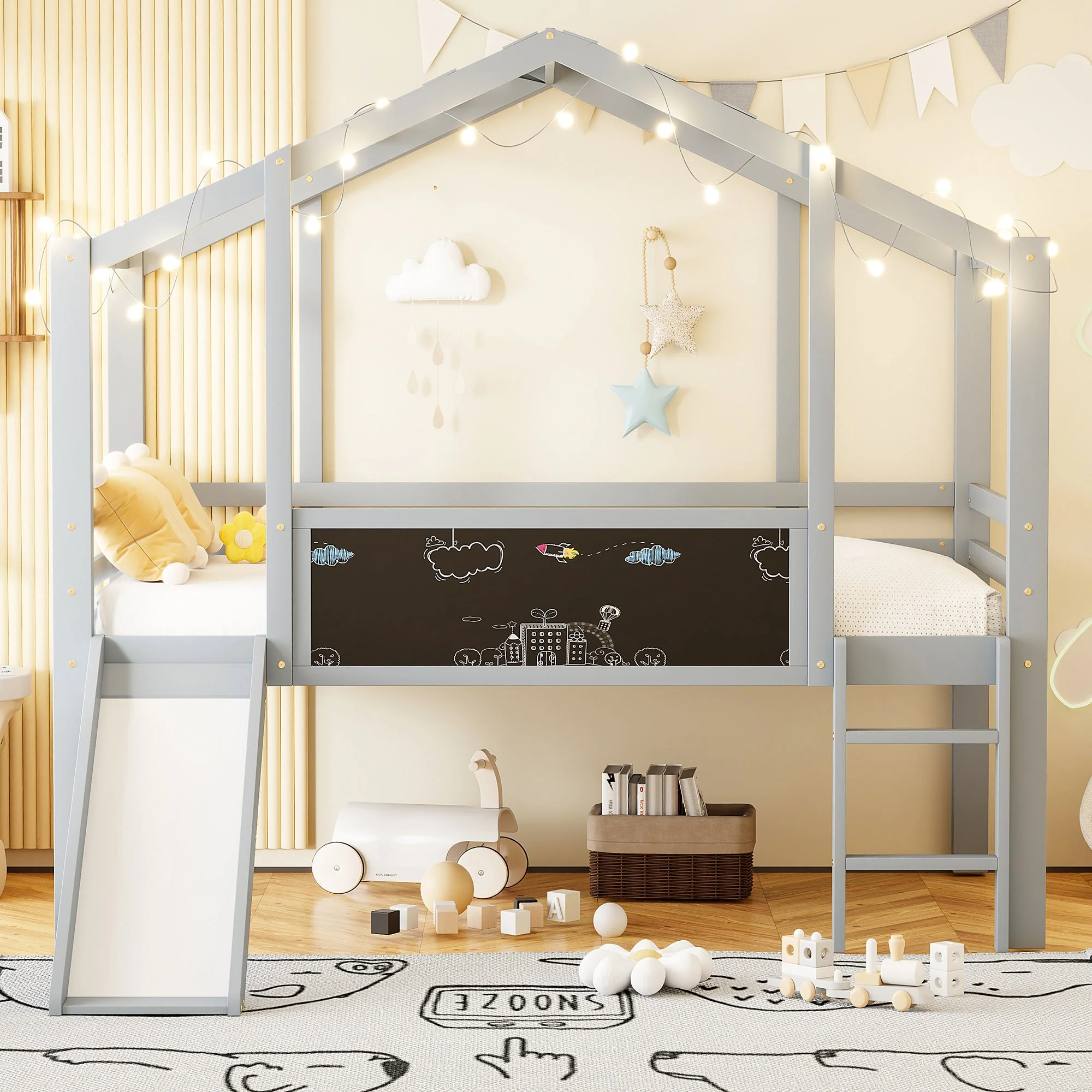 Children's Loft Bed 90x200cm, Slide, Ladder & Graffiti Board, Solid Wood Grey - Image 3