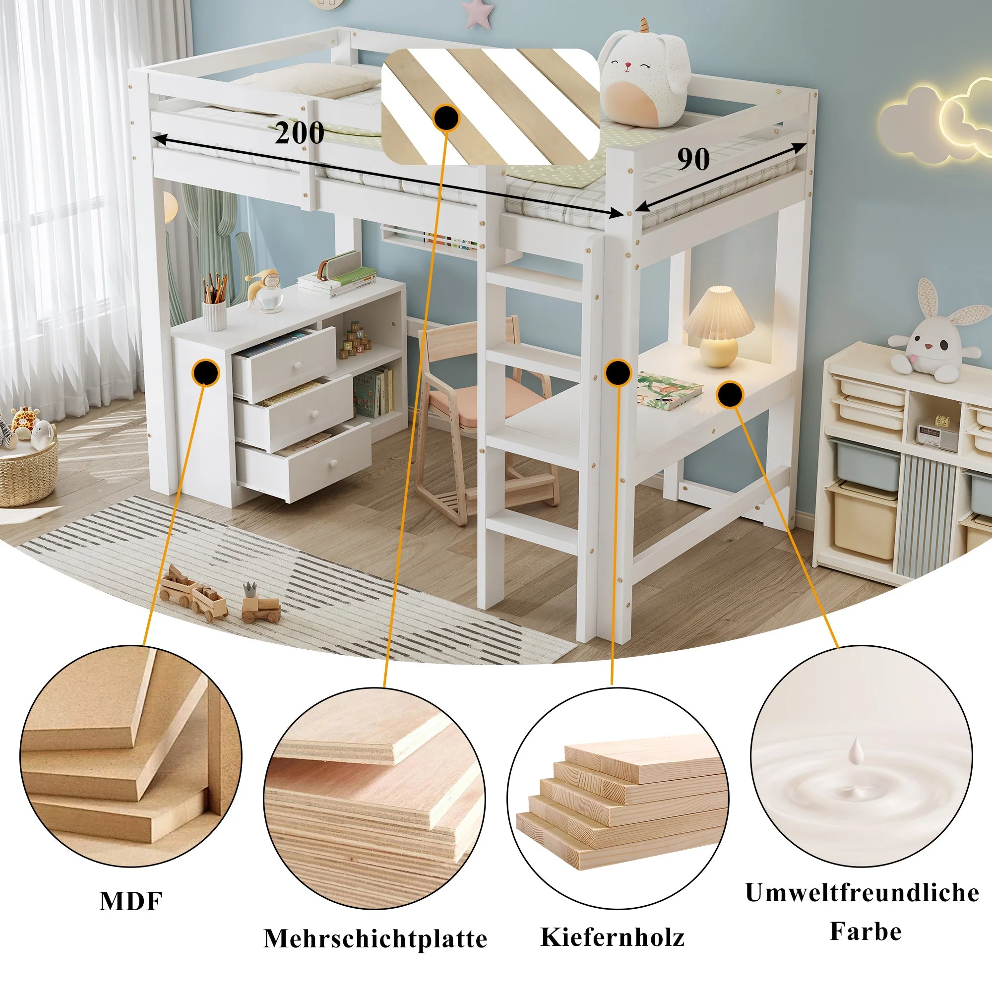 Children's Loft Bed Desk Storage Ladder, White Pine + MDF - Image 6