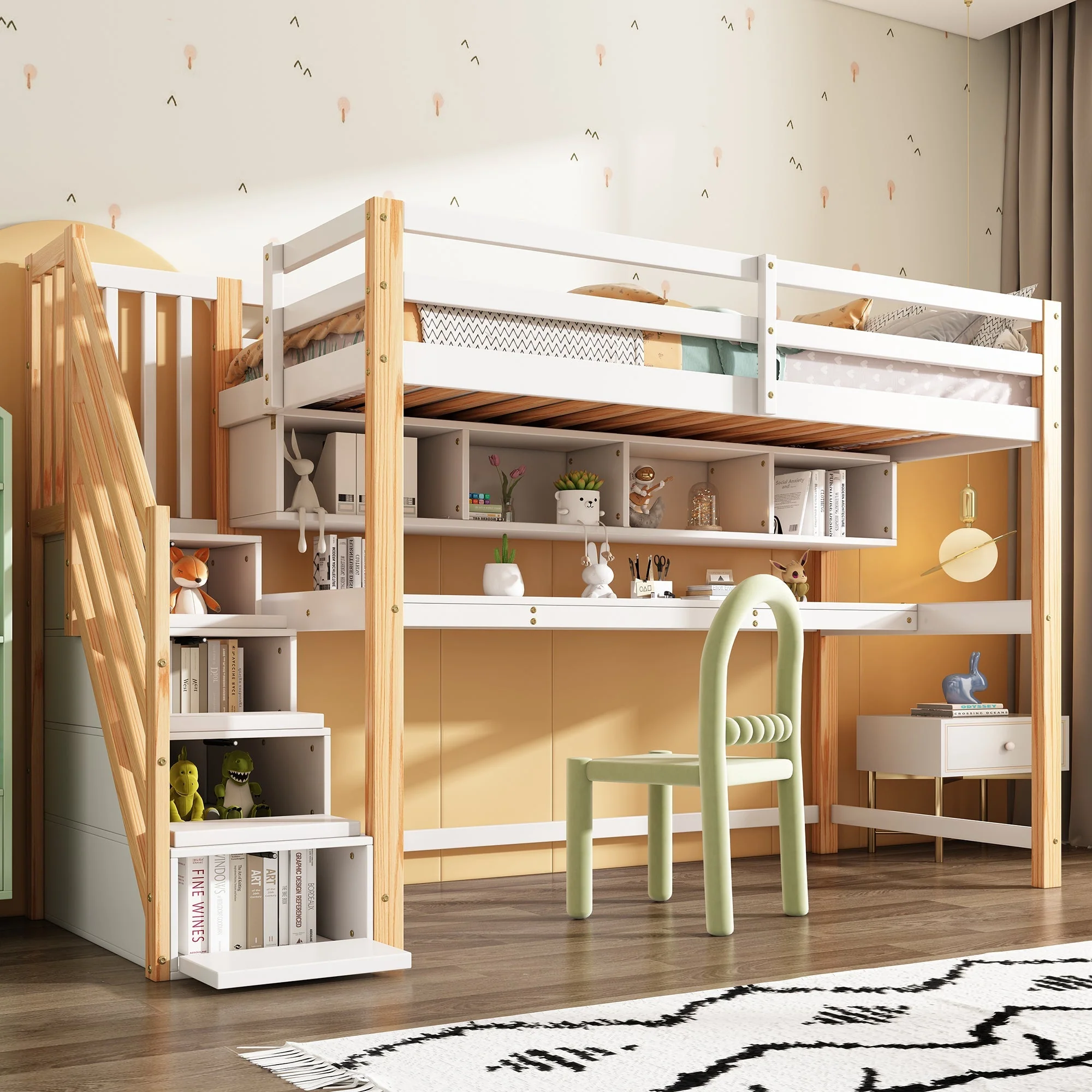 Children's Loft Bed with Large Desk and Shelves, Natural and White - Image 2