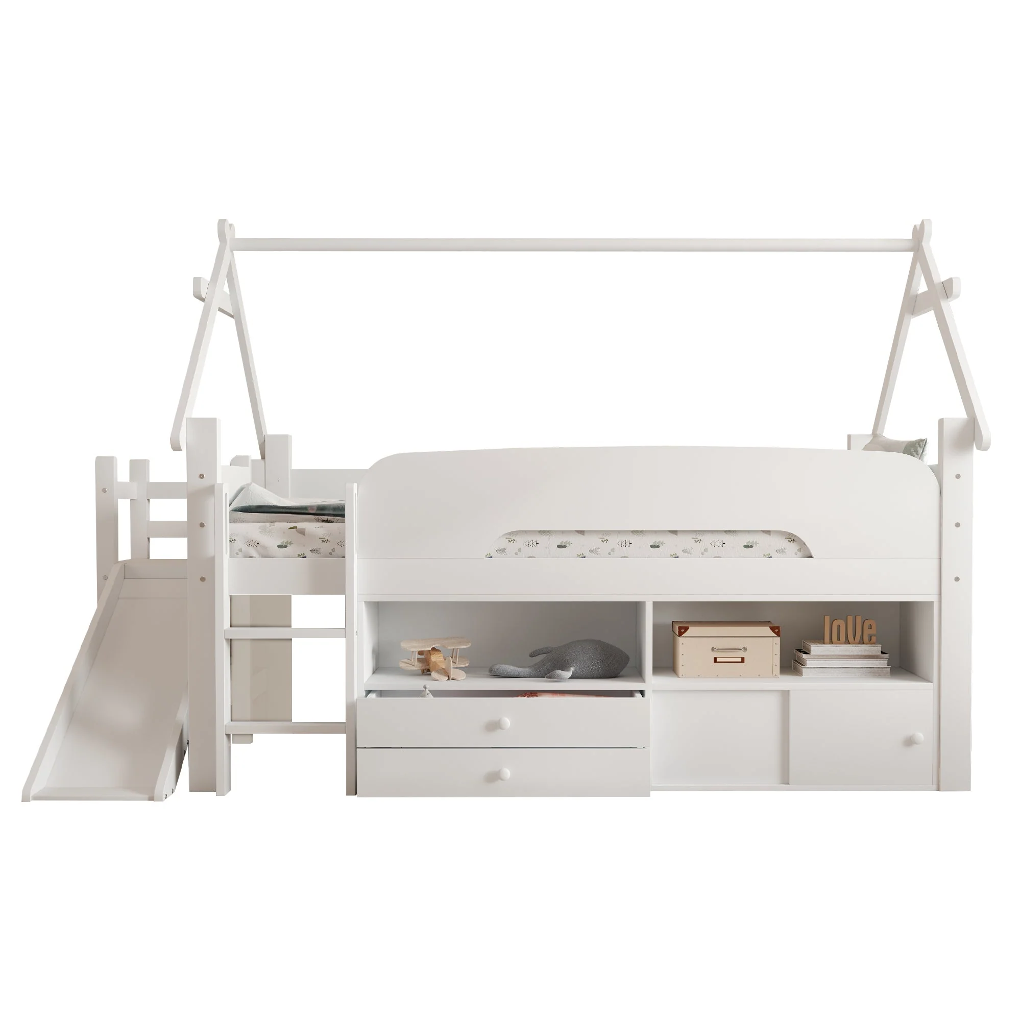 Children's Loft Bed with Roof Frame, Slide, and Storage, White Solid Wood - Image 6
