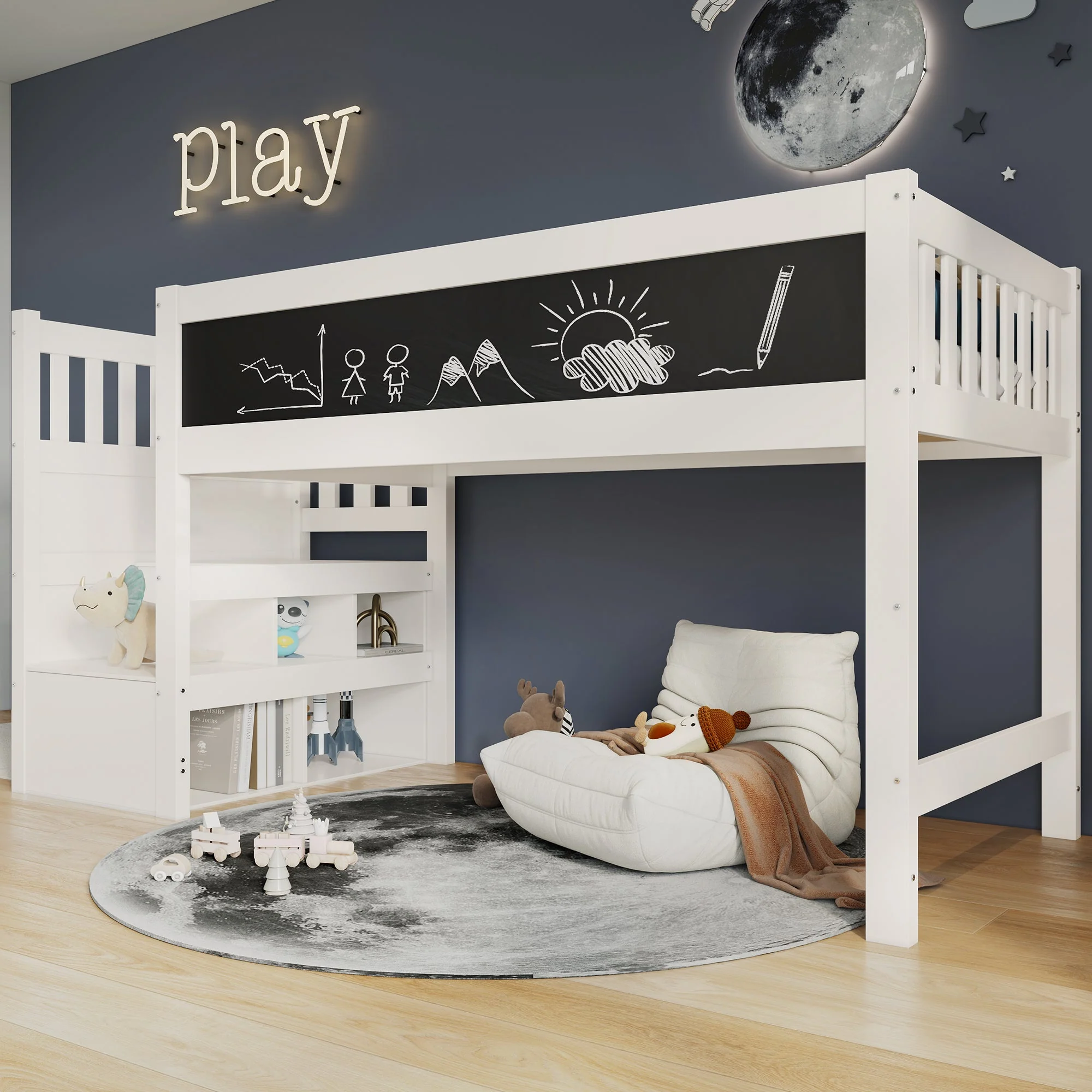 Children's Loft Bed with Whiteboard & Blackboard, Storage, 90 x 200 cm, White - Image 10