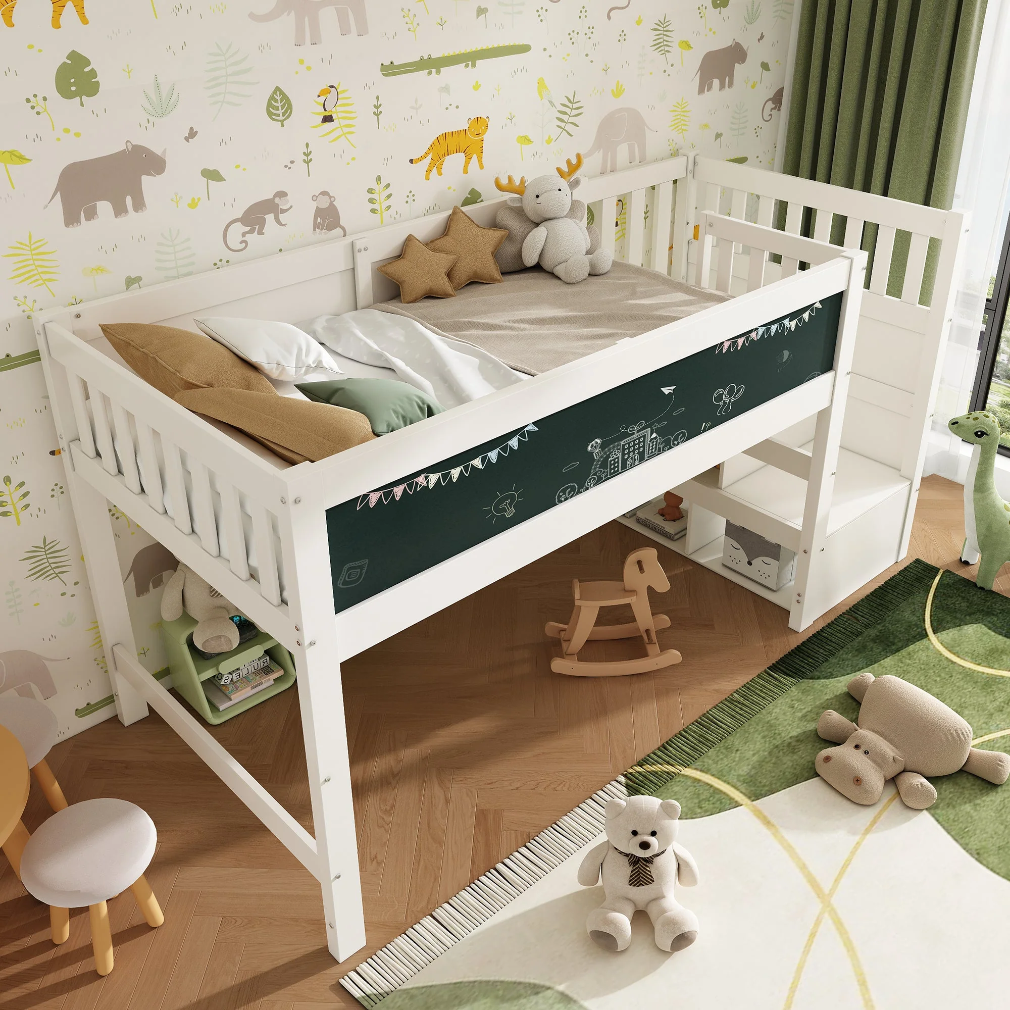 Children's Loft Bed with Whiteboard & Blackboard, Storage, 90 x 200 cm, White - Image 9