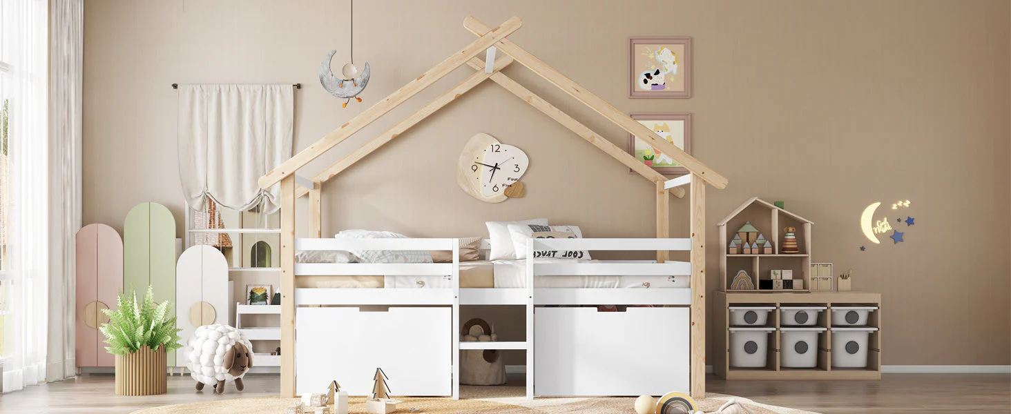 Children's Mid-Sleeper House Bed with Stairs, Storage Lockers, 90x200cm, Pine+MDF White/Natural - Image 7