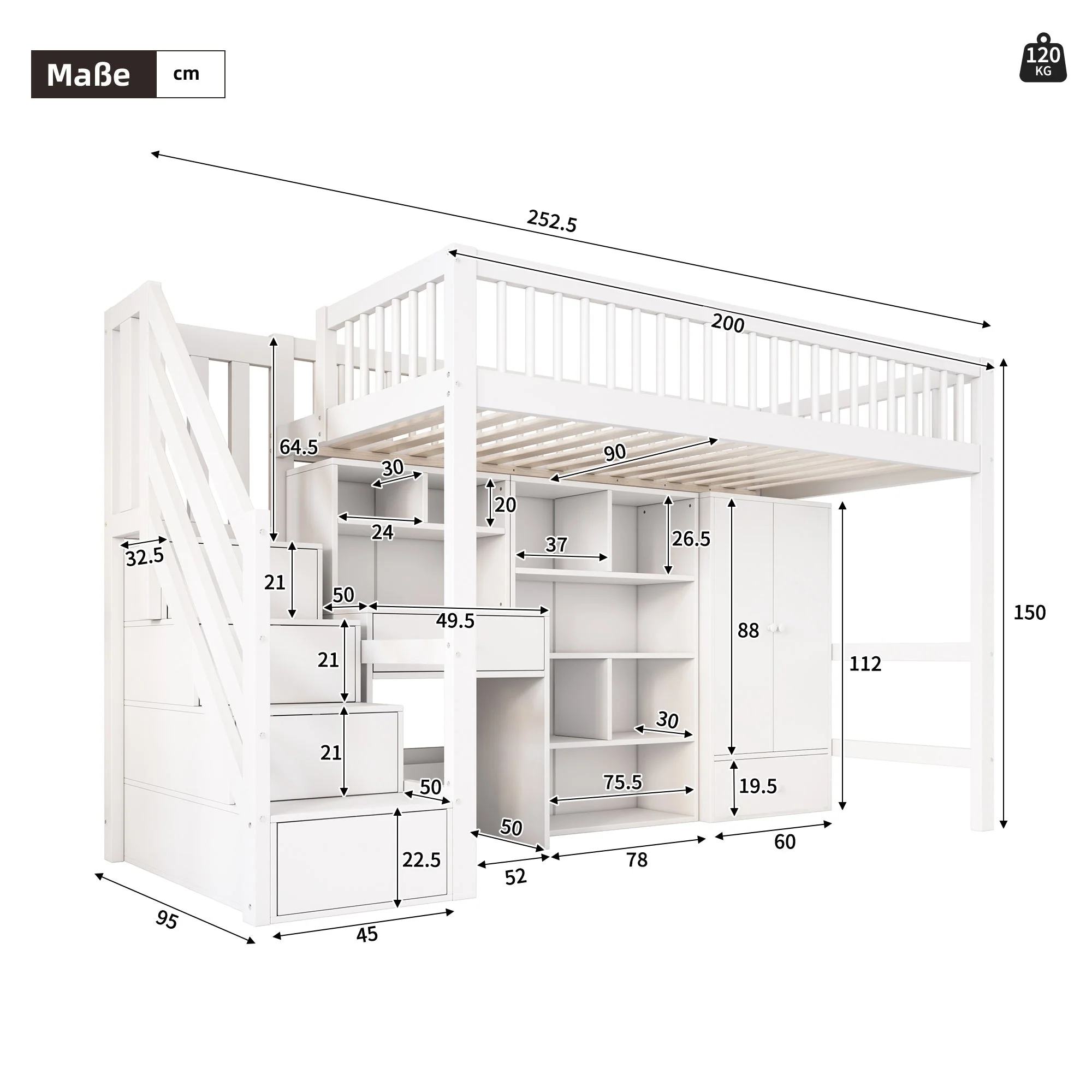 Children's Multifunctional Bed 90x200cm Desk Stairs Lockers Wardrobe - Solid Wood/MDF White - Image 3