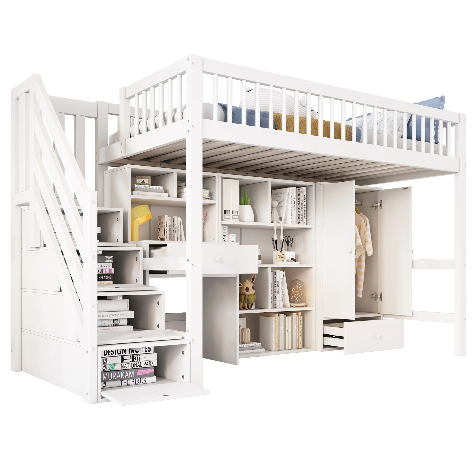 Children's Multifunctional Bed 90x200cm Desk Stairs Lockers Wardrobe - Solid Wood/MDF White - Image 6
