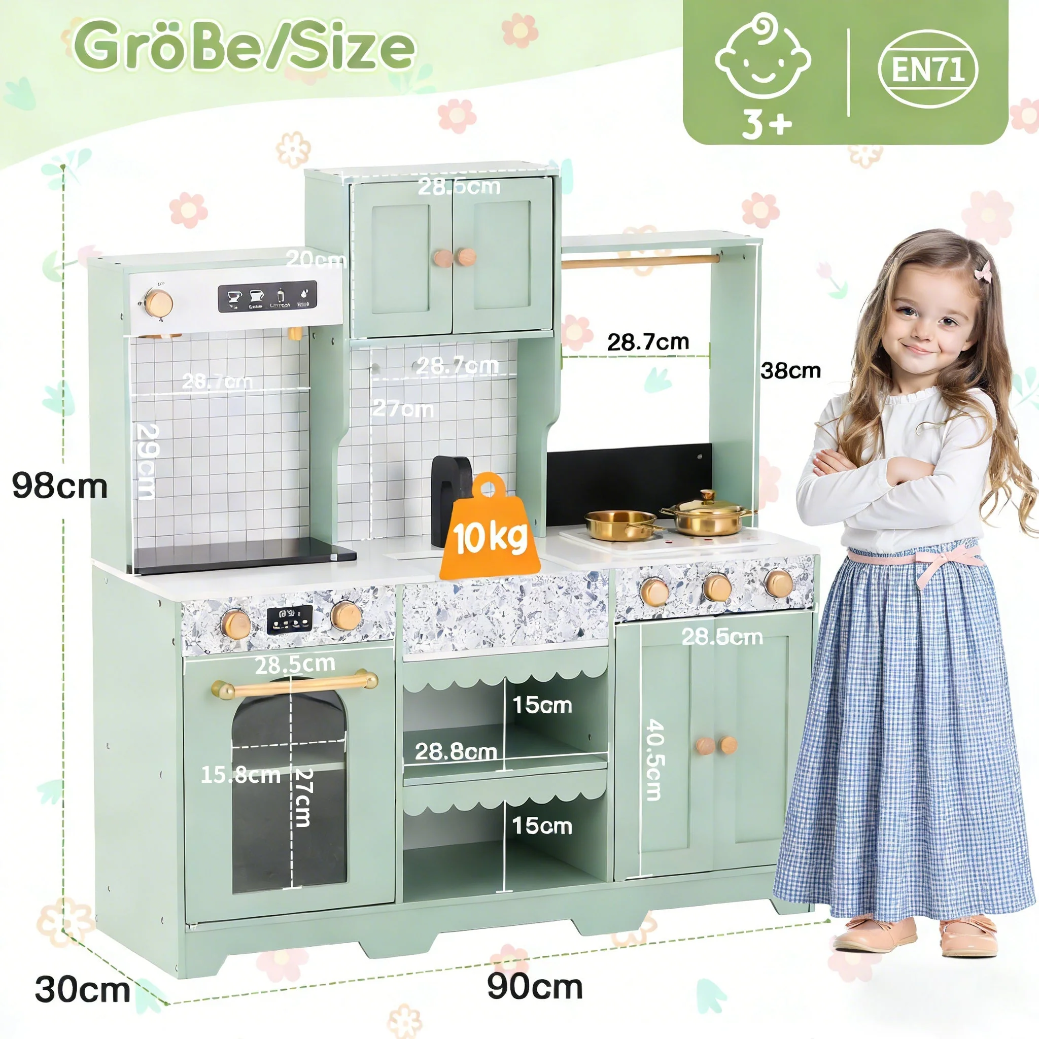 Children's Play Kitchen with Accessories and Creative Design, Green Wood and Plastic - Image 9