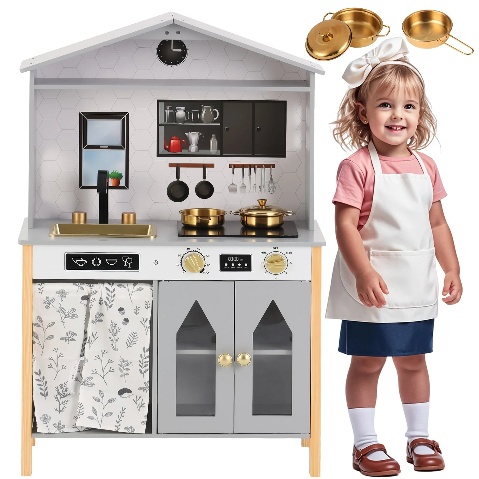 Children's Play Kitchen with Creative House Design and Accessories, Wood and Plastic, Grey - Image 3