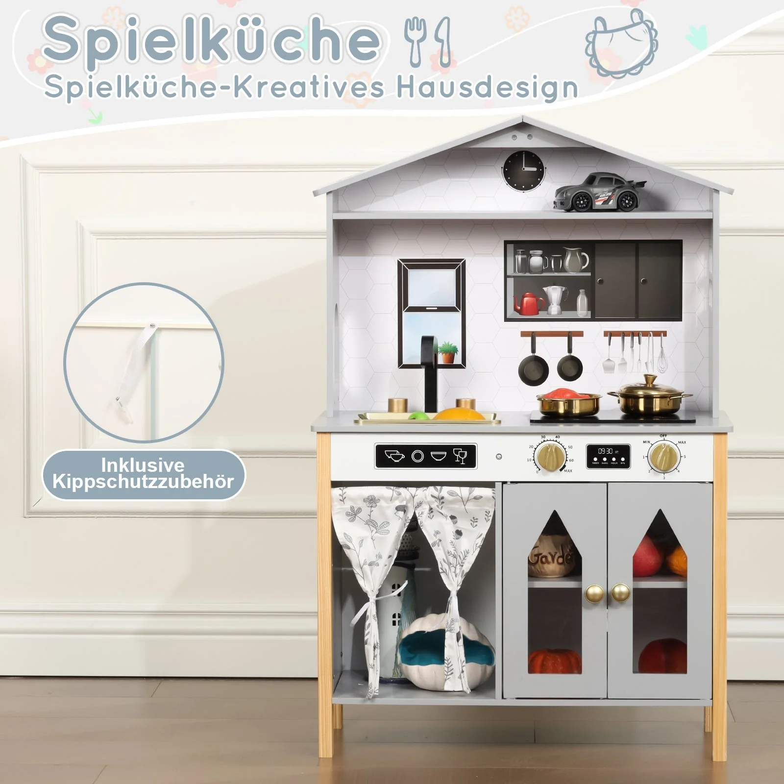 Children's Play Kitchen with Creative House Design and Accessories, Wood and Plastic, Grey - Image 4
