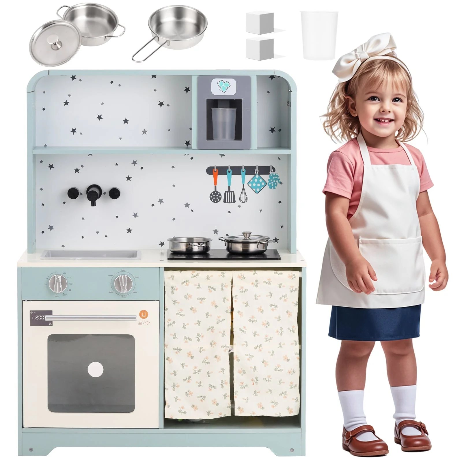 Children's Play Kitchen with Ice Maker and Microwave, Wood and Plastic, Blue - Image 3