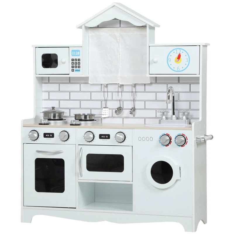 Children's Play Kitchen with Oven Sink and Accessories, White - Image 2