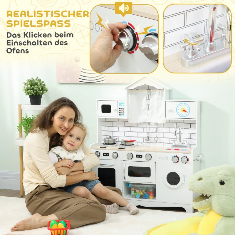 Children's Play Kitchen with Oven Sink and Accessories, White - Image 4