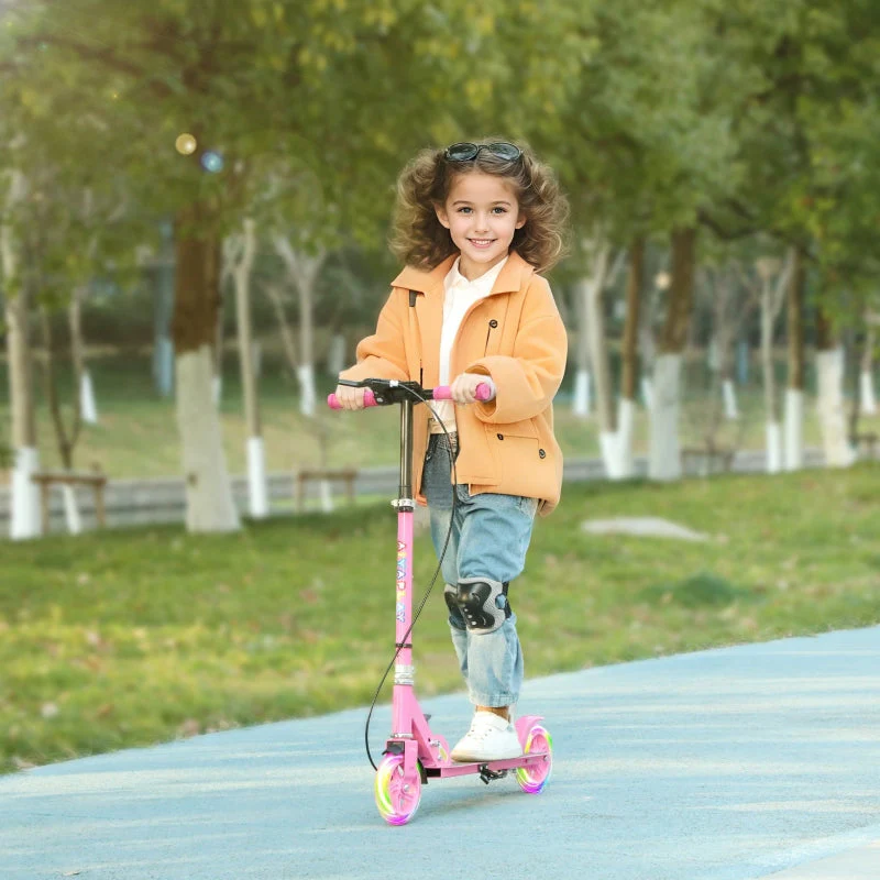 Children's Scooter with Double Brakes and Footrest, Foldable Metal Frame, Pink