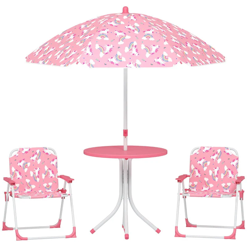 Children's Seating Set 4-Piece Table 2 Folding Chairs Removable Parasol Pink - Image 2