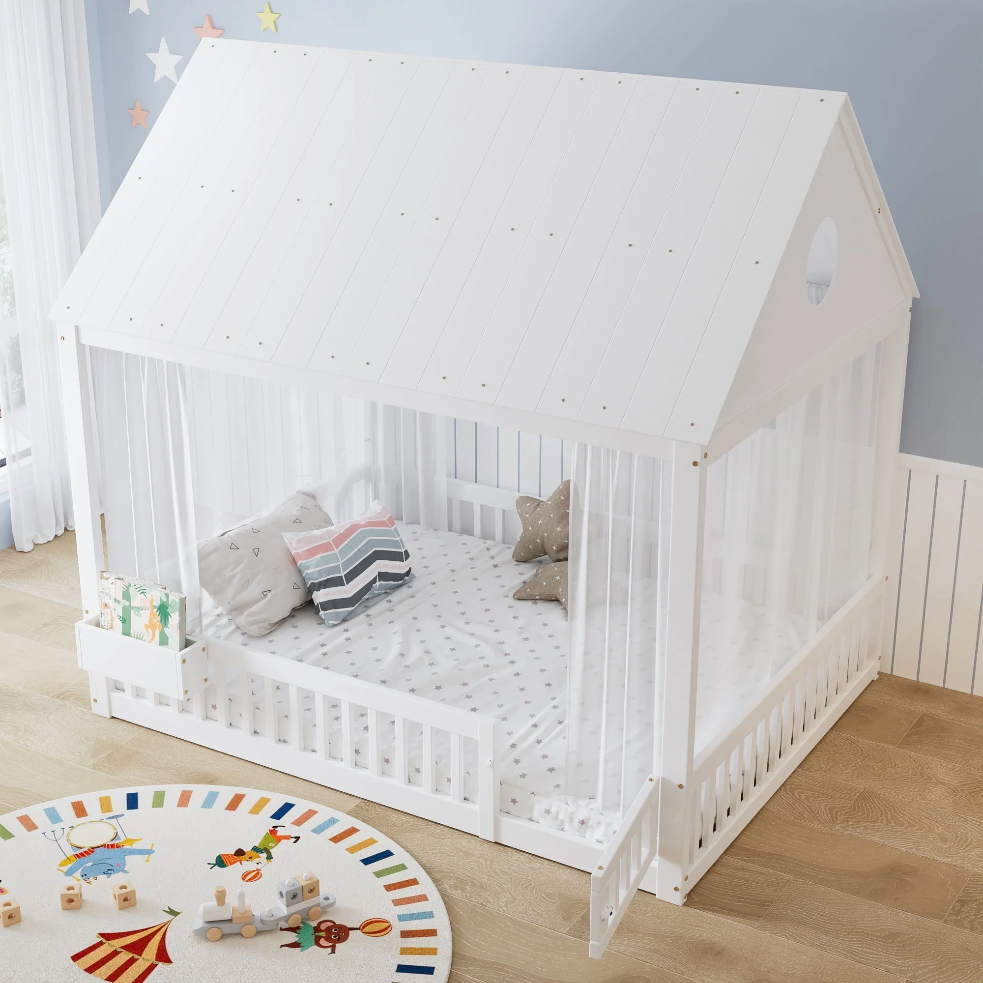 Children's Single Bed with Roof, Window, Curtains and Storage, 140x200cm, White Pine + MDF - Image 5