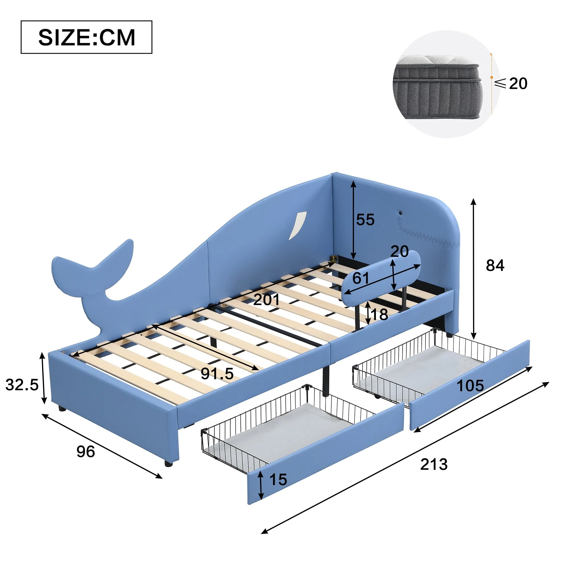 Children's Splicing Bed, Upholstered Daybed with 2 Drawers, Blue - Image 5