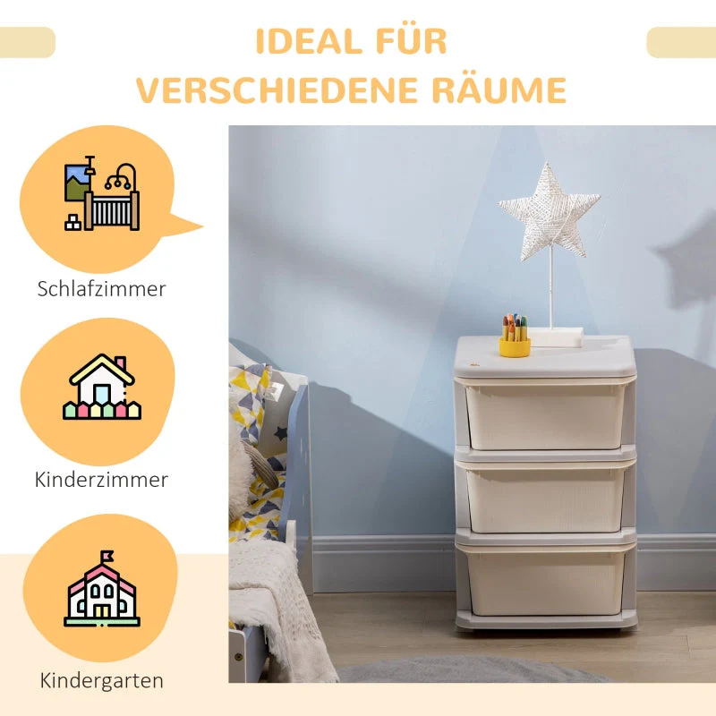 Children's Storage Boxes, 3 Large Drawers, Cream White Plastic - Image 6