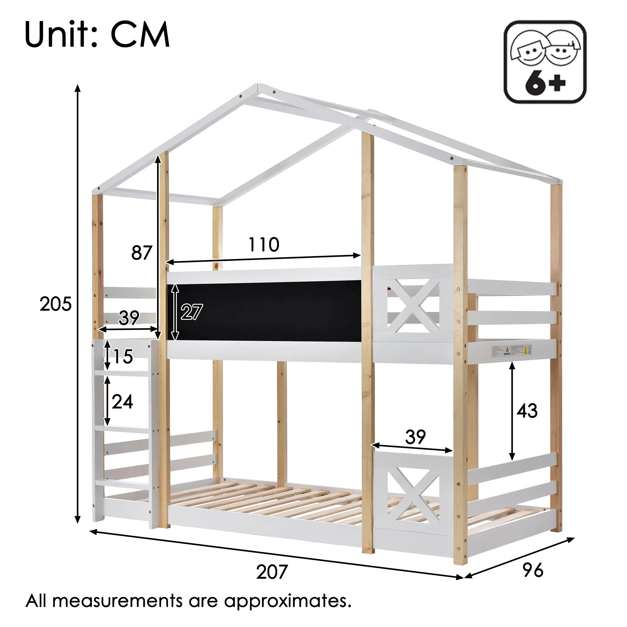 Children's Tree House Bed, Loft Bed with Ladder & Slatted Frames, 90x200 cm, Natural & White - Image 2