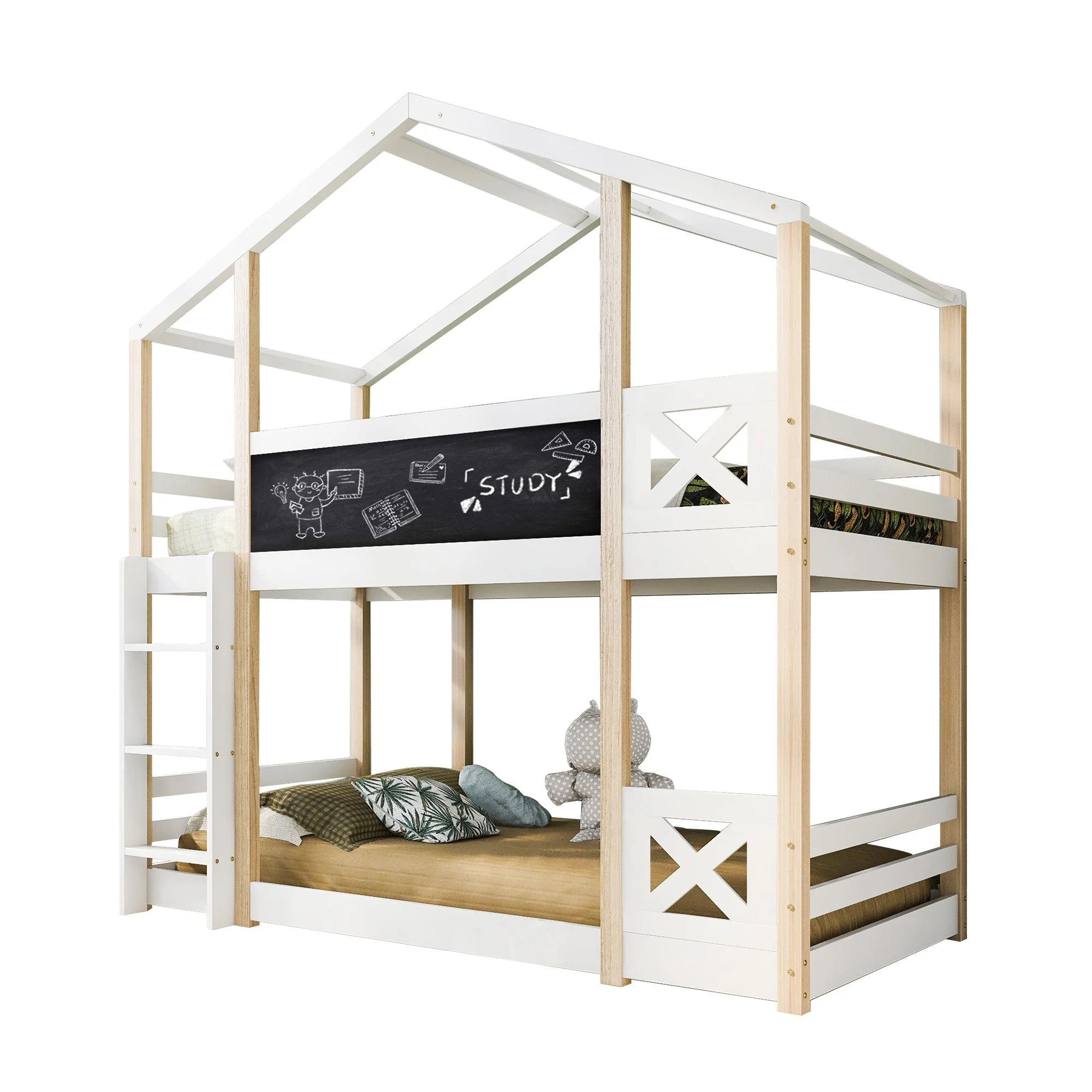 Children's Tree House Bed, Loft Bed with Ladder & Slatted Frames, 90x200 cm, Natural & White - Image 5