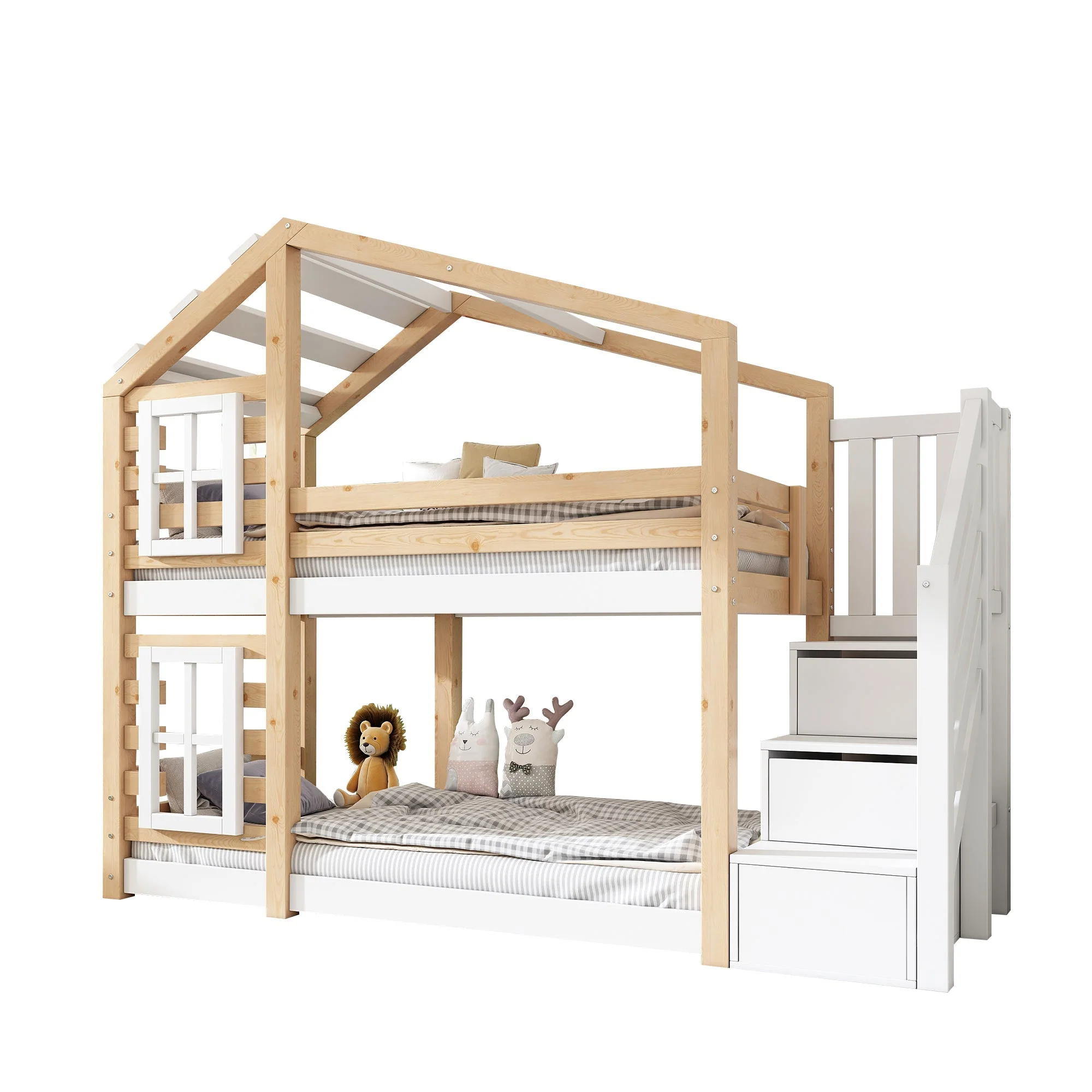 Children's Treehouse Bunk Bed 90x200cm Window Design Storage - Natural & White - Image 7