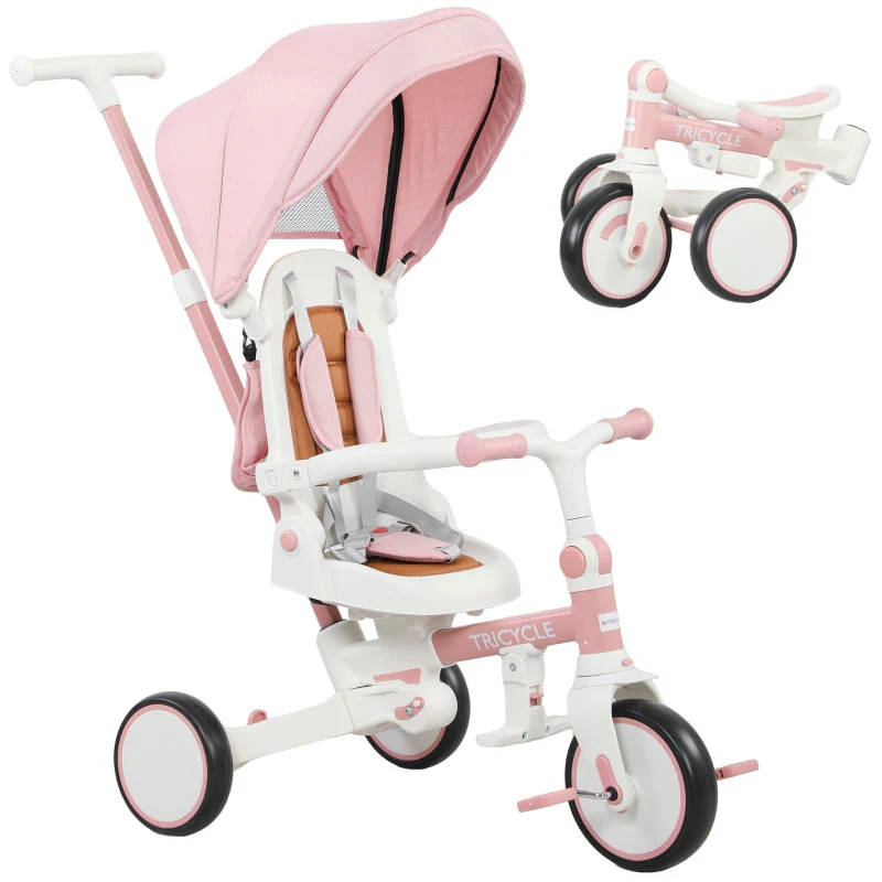 Children's Tricycle, 5-in-1 Convertible Buggy with Removable Handle and Safety Belt, Pink - Image 2