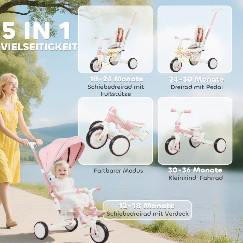 Children's Tricycle, 5-in-1 Convertible Buggy with Removable Handle and Safety Belt, Pink - Image 4