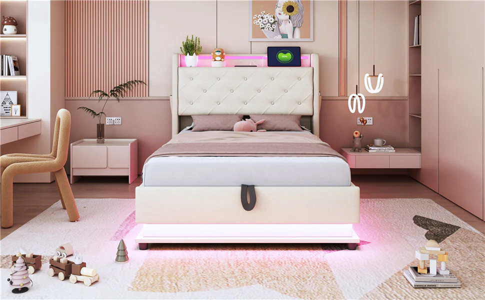Children's Upholstered Bed 90*200cm, Lights, USB, Storage, Beige Linen - Image 8